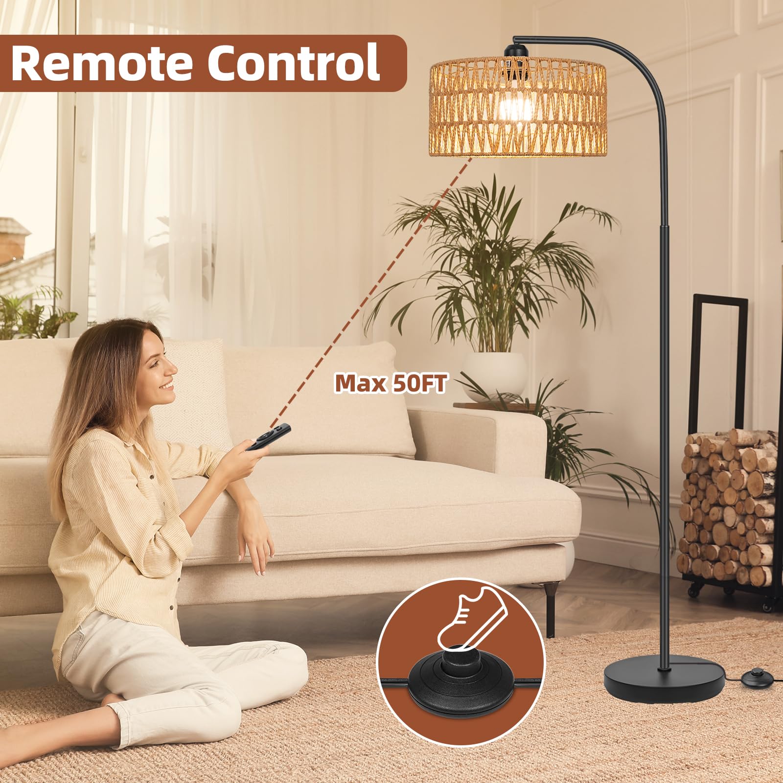 Brilvibera Rattan Floor Lamps For Living Room, Boho Standing Lamps With Rattan& Linen Double Shades, Arc Lamps Floor Standing With 9W Bulb, Foot Switch, Bohemian Floor Lamps For Bedroom, Office