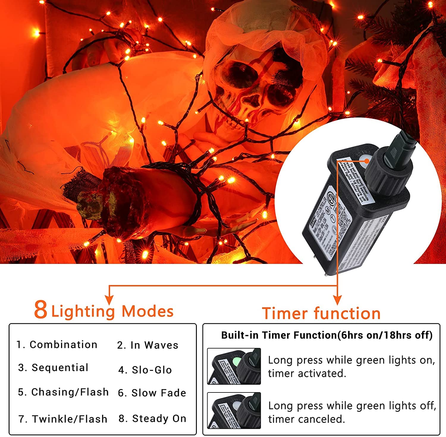Orange Halloween Lights  114Ft 300 Led Connectable Orange Lights With 8 Modes  Waterproof Low Voltage Halloween String Lights  Outdoor String Light For Party  Yard  Garden  Indoor Spooky Decorations
