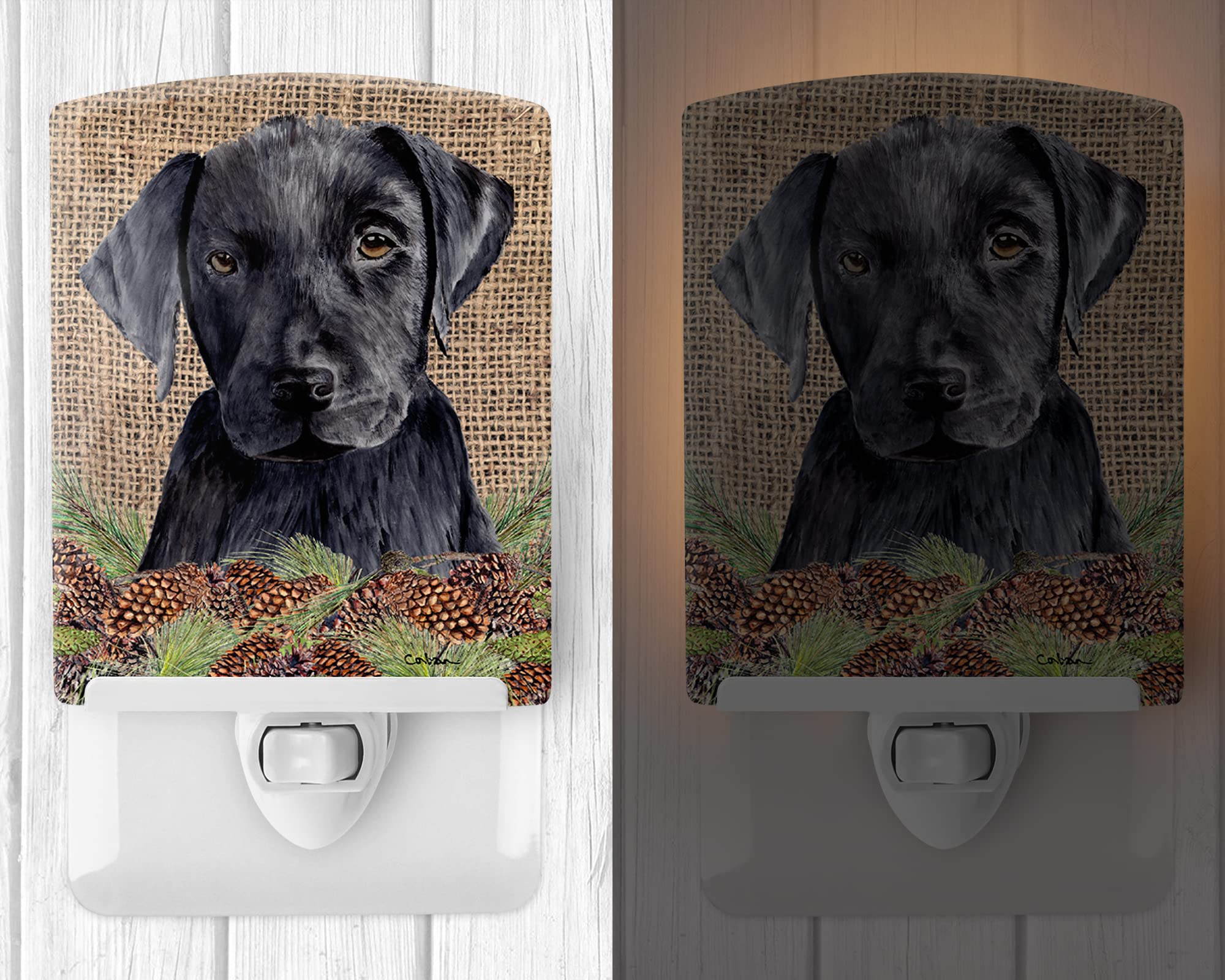 Caroline'S Treasures Sc9045Cnl Labrador Faux Burlap And Pine Cones Ceramic Night Light Compact, Ul-Certified, Ideal For Bedroom, Bathroom, Nursery, Hallway, Kitchen, 6X4X3, Multicolor