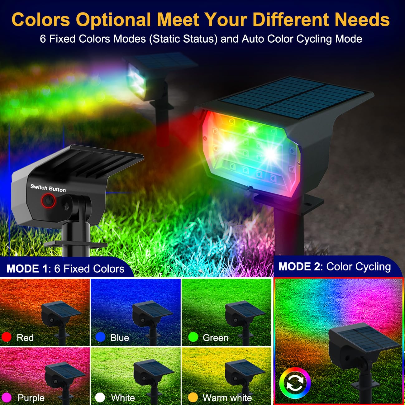 nipify Solar Spot Lights 4 Pack, Color Changing RGB, 7 Modes, Waterproof, Outdoor Landscape Lighting, Multicolor