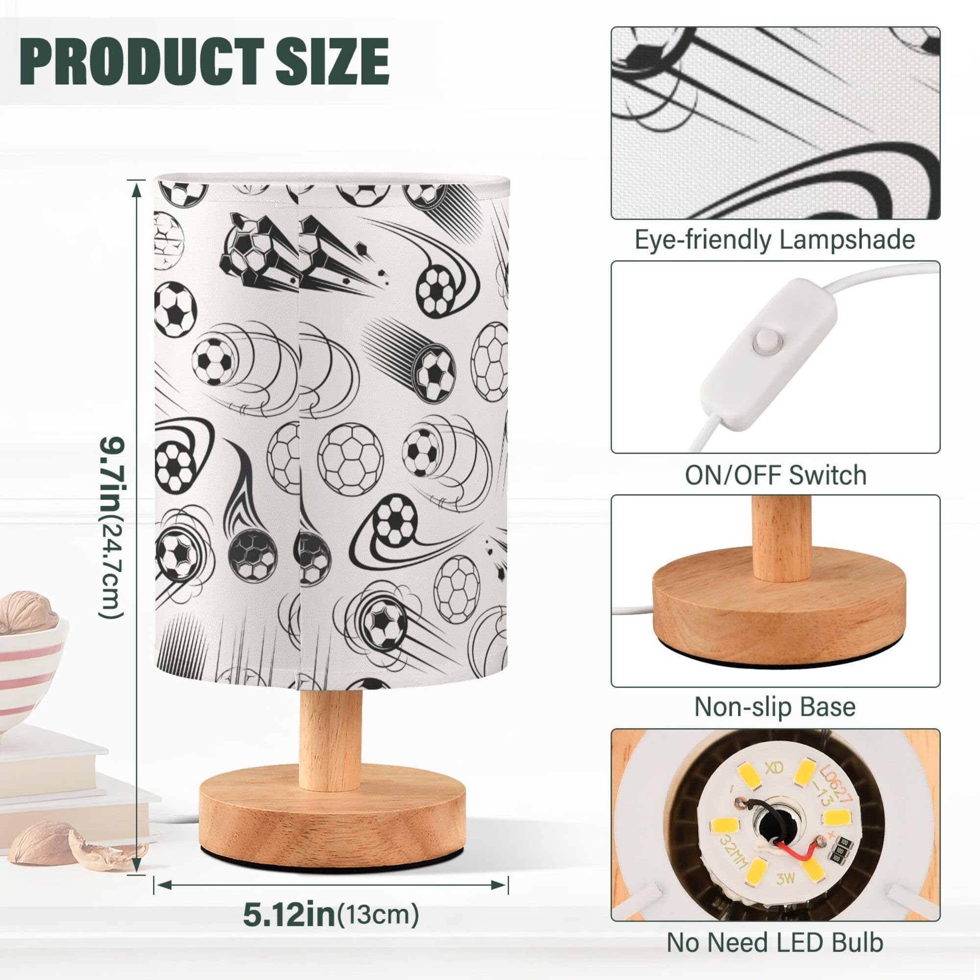 Yyzzh Table Lamp Black And White Soccer Ball Sport Theme American Football Pattern Nightstand Lamp With Wood Base Fabric Lamp Sh