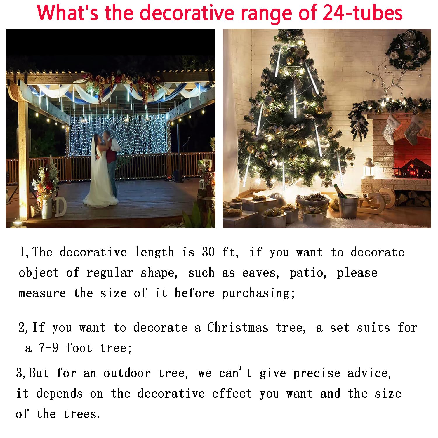 Kwaiffeo Meteor Shower Lights, 24 Tubes, White, Outdoor Christmas Decoration, UL Plug, 40CM Model