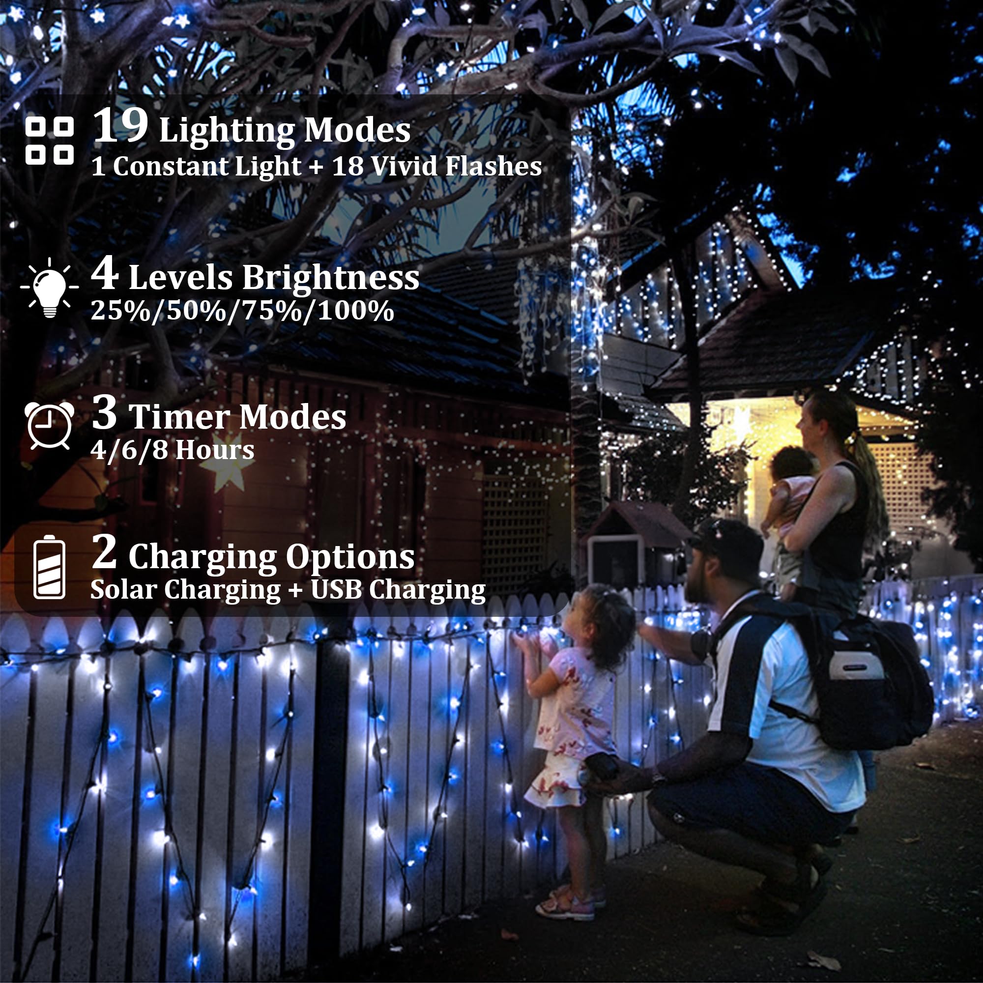 2-Pack 200Ft Solar String Lights For Outside, 600 Led Extra-Bright Solar Light Outdoor With 19 Modes & Timer, Waterproof Fairy Solar Lights For Garden Patio Tree Christmas Decorations Blue & White