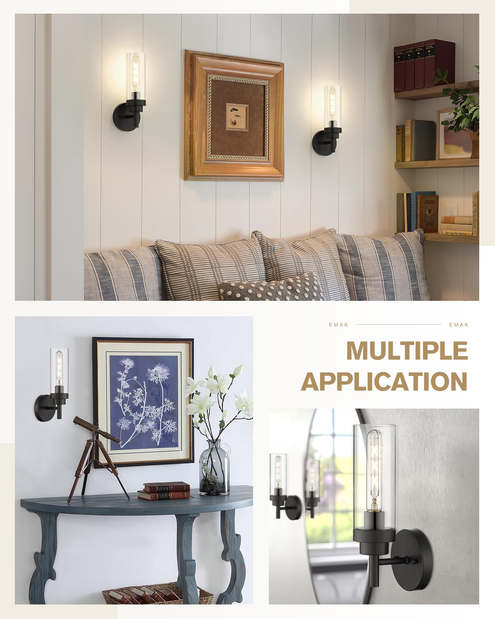 Emak Modern Black Wall Sconce, 1 Light Wall Lights With Clear Glass Shade, Farmhouse Vanity Lights For Bathroom, Mirror, Hallway