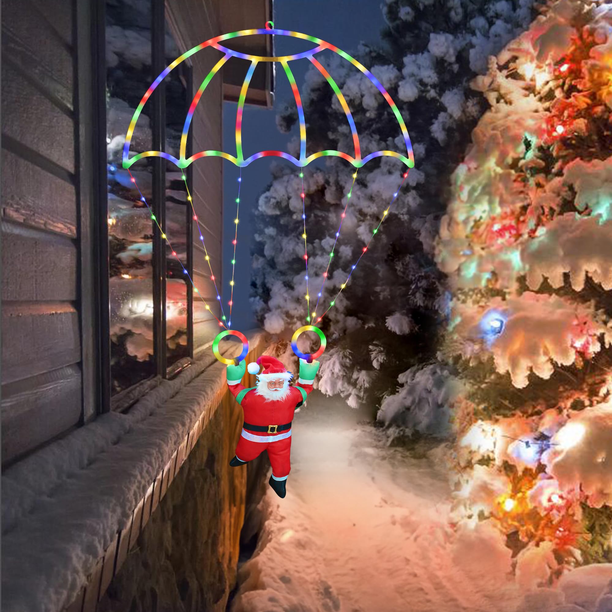 LYHOPE LED Christmas Parachute Lights, 2.8ft, Multicolor, 8 Modes & Timer, Battery Operated for Outdoor Garden Decor
