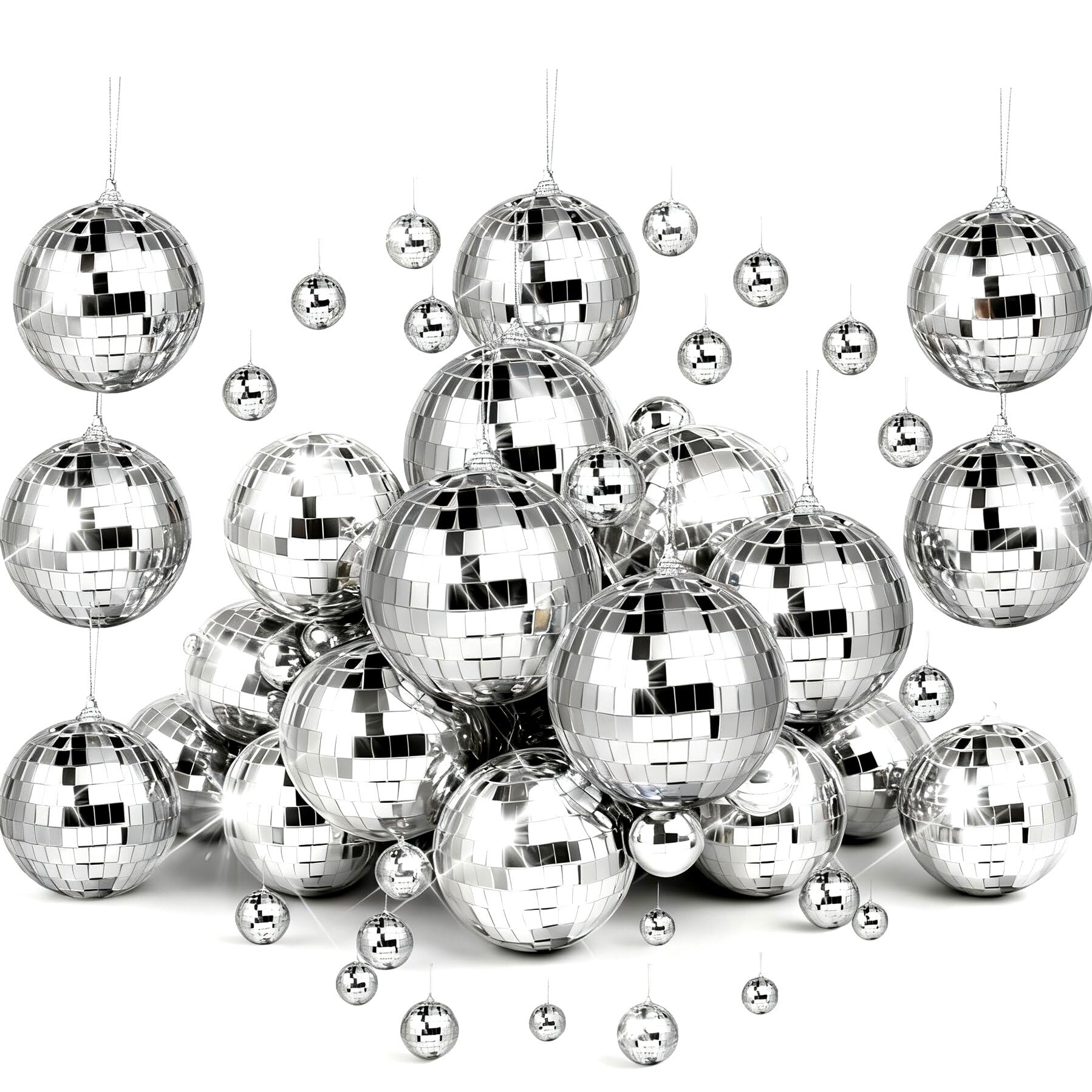 37 Pcs Mini Disco Mirror Ball Ornaments, Silver Disco Mirror Ball, Fun Silver Hanging for Party Decoration, Christmas Tree Ornam
