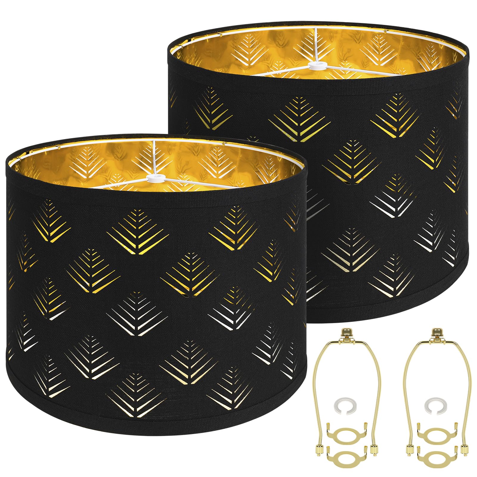 ALUCSET Lamp Shades Set of 2, 13in Drum Fabric Lampshades with Leaf Design, Black, Model LLA-S2416J