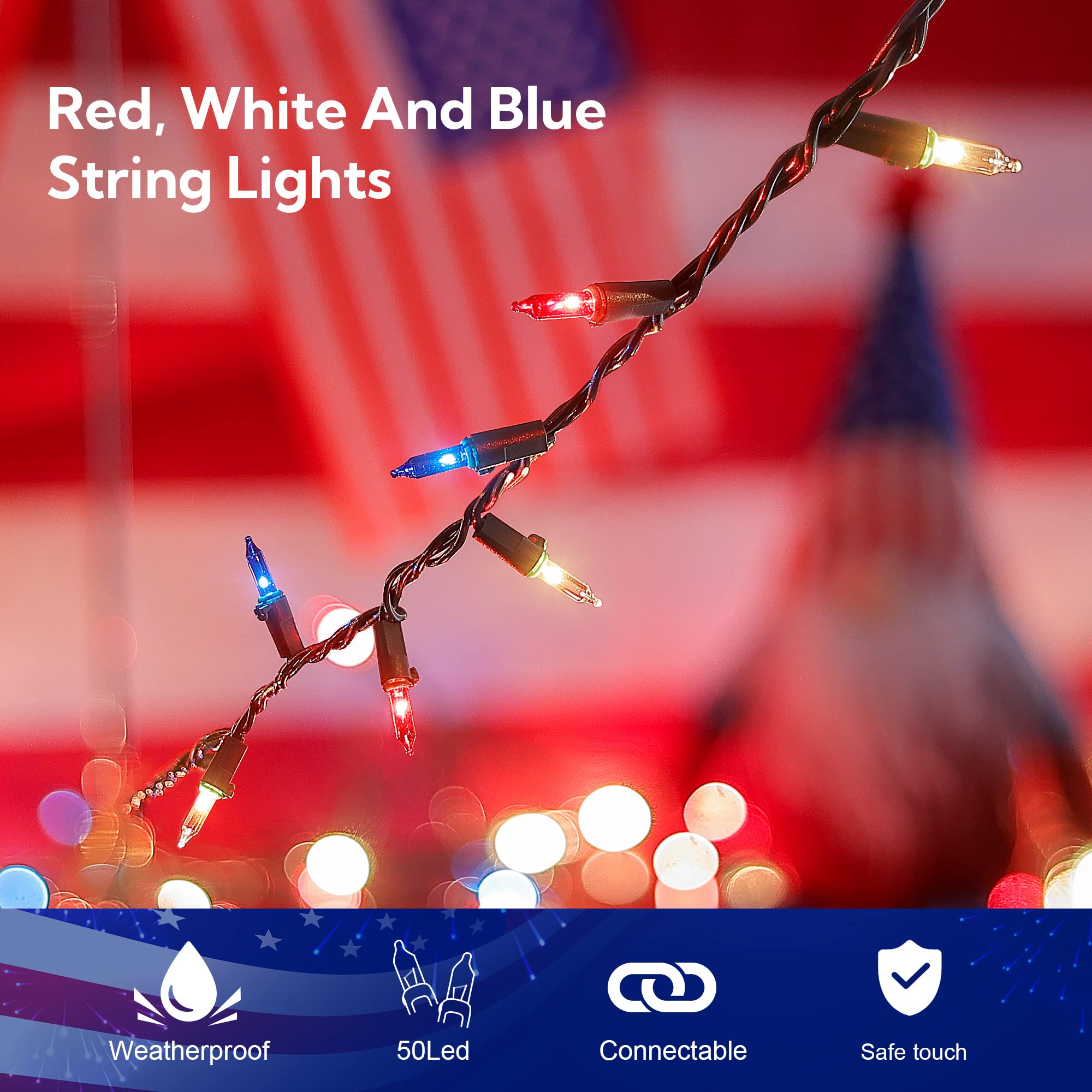 mimigogo Mini String Lights, 50 Count, Red White Blue, 13ft, Waterproof, Incandescent, Model QX-50-1-Mseries
