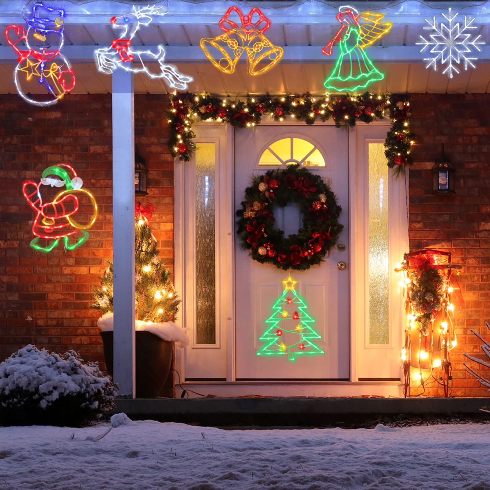 Trwymz Christmas Decorations - 16 Christmas Window Silhouette Lights - 4 Pack Colour Lighted Santa & Bell & Reindeer & Christmas Tree For Holiday Indoor And Outdoor Wall Door Window Decorate