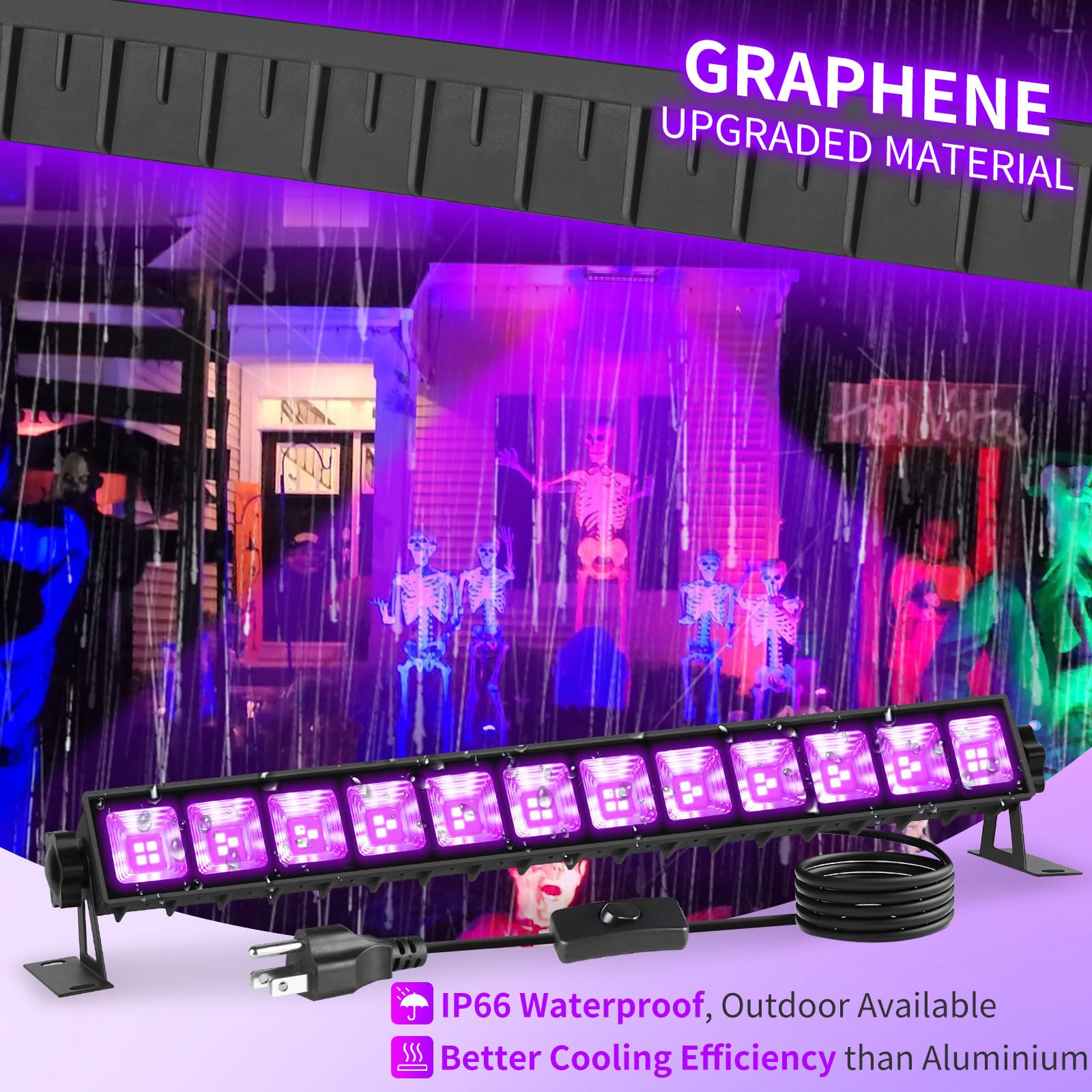 45W Black Light Bar Ip66 Waterproof, Led Blacklight Bar With 6Ft Cord+Switch+Plug, Light Up 25X25Ft Area, Outdoor Black Lights For Glow Party Body Paint Fluorescent Poster Classroom Bedroom Halloween