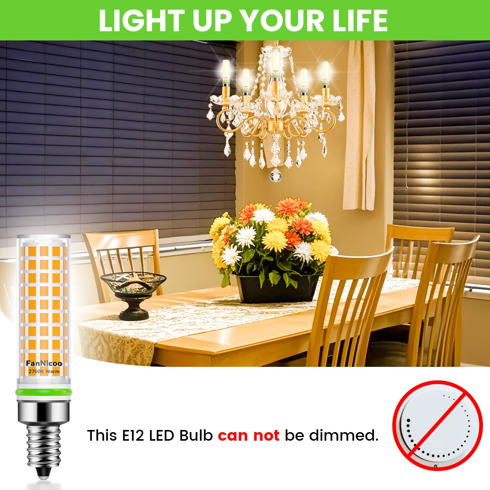 E12 Led Bulb 100W Equivalent 1200Lm 2700K Led Candelabra Bulbs Warm White 10W T6 C7 Candle Light Bulbs For Ceiling Fan Pendant Lighting Salt Lamp Non-Dimmable(5Pack)
