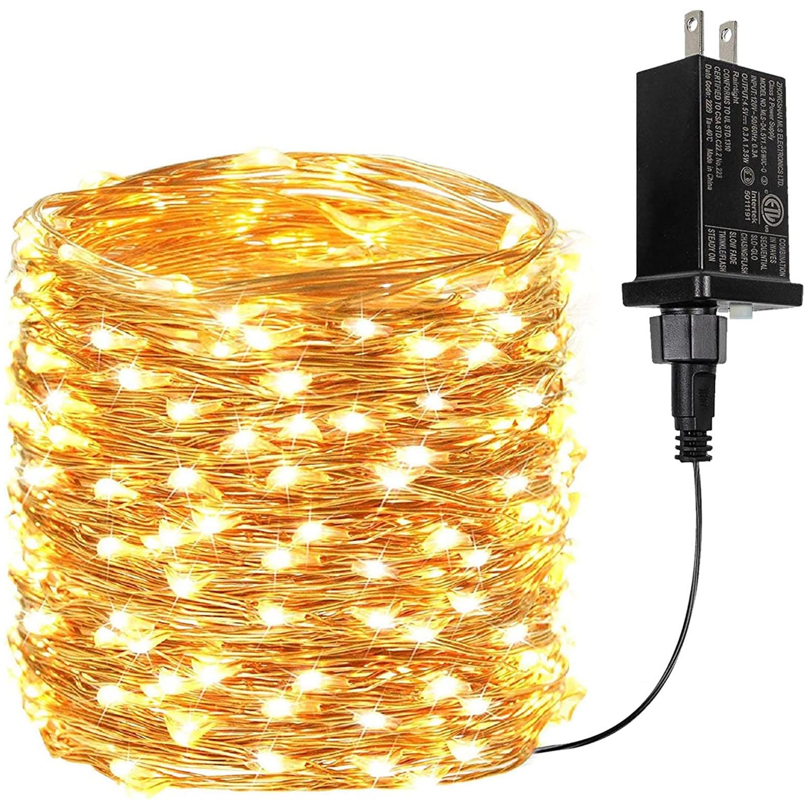 BHCLIGHT 66Ft 200 LED Fairy Lights, Waterproof String Lights, Warm White, Model MLS-D4.5V1.35WUC-O, 8 Modes for Indoor/Outdoor Decor