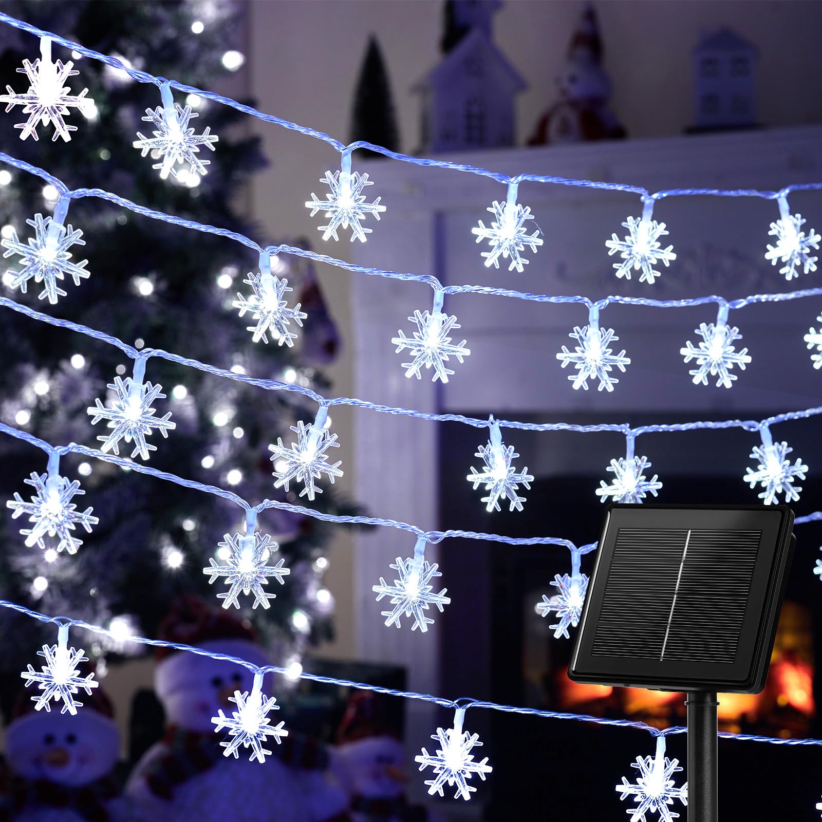 Brightown Solar Snowflake String Lights, 72FT 200 LED, Waterproof, 8 Lighting Modes, Pure White, Model SOLAR-SNOWFLAKE-200LED-PW
