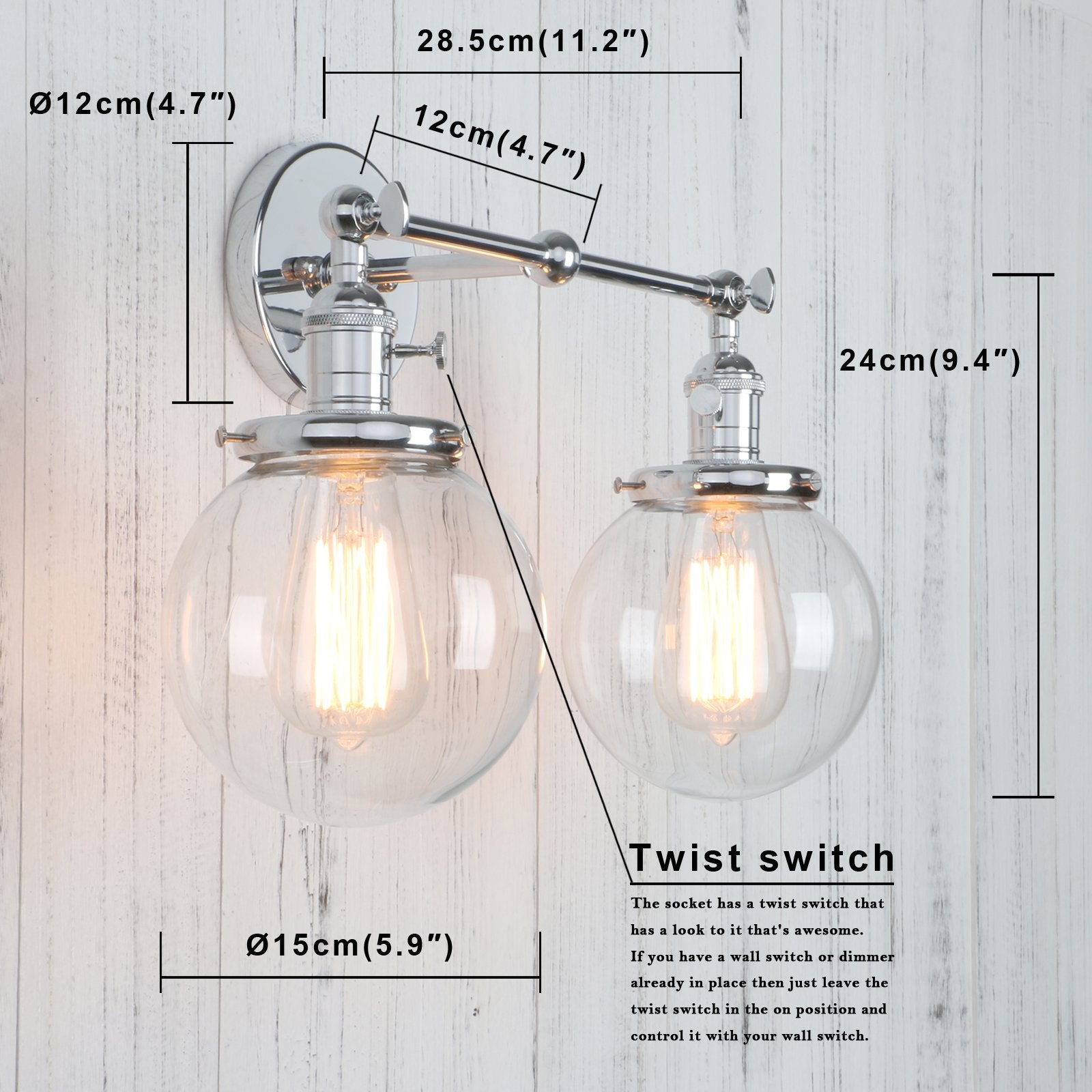 Permo Double Sconce Vintage Industrial Antique 2-Lights Wall Sconces With Dual Mini 5.9 Round Clear Glass Globe Shade (Chrome)