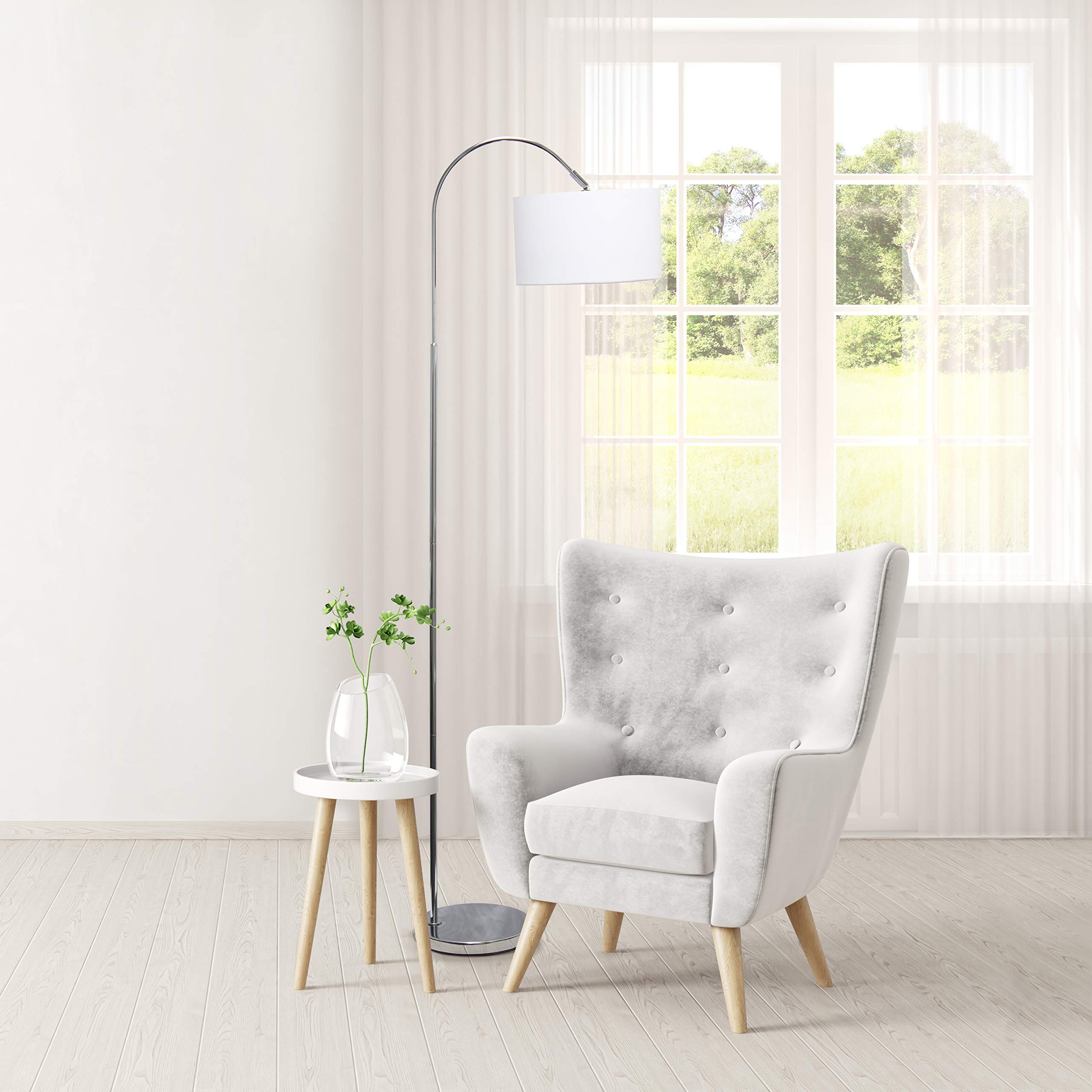 Simple Designs Lf2005-Wht Arched Brushed Nickel Floor Lamp With White Fabric Shade