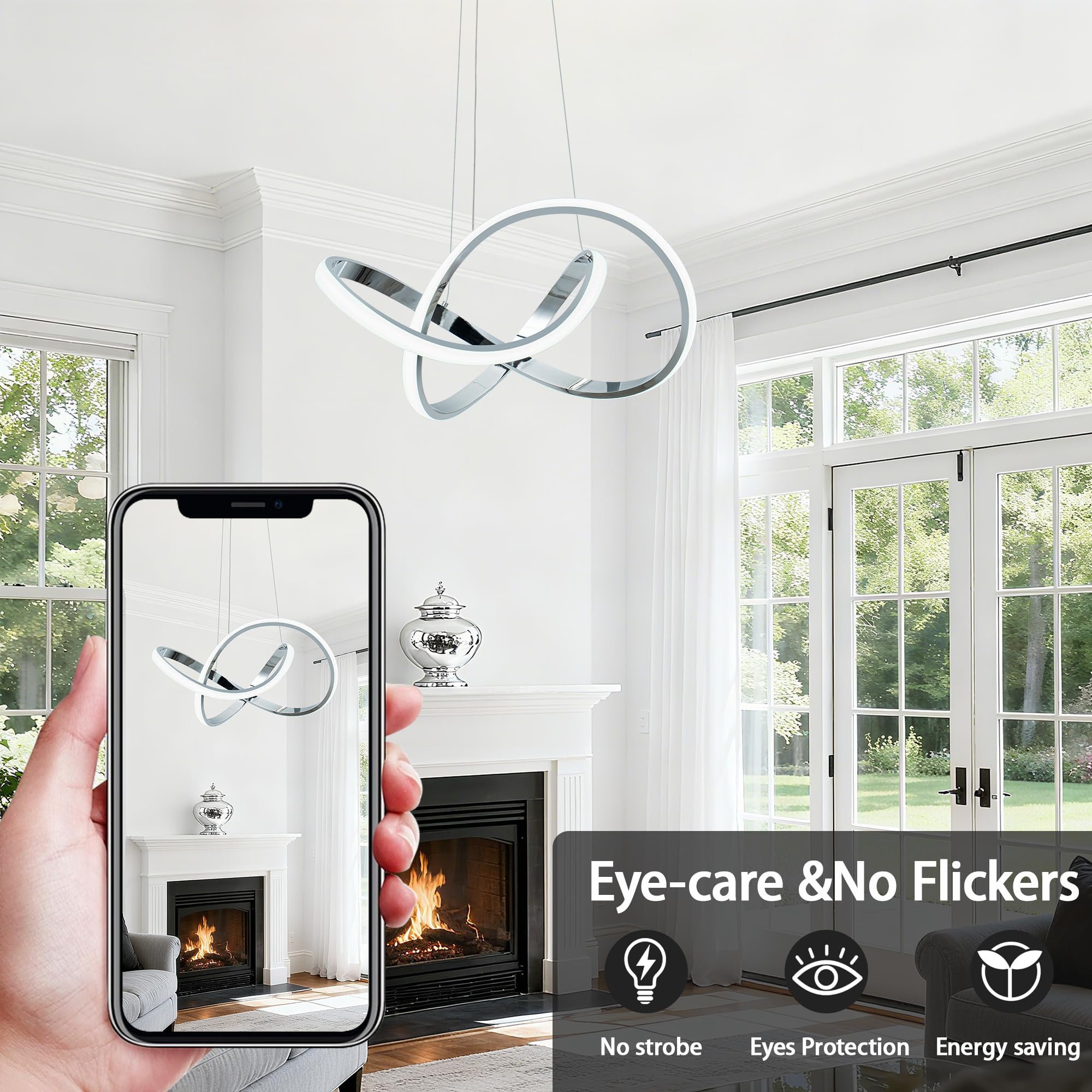 Mayna Modern Chandelier With Remote Control  3-Color Dimmable Led Pendant Light Fixtures  Height Adjustable Kitchen Island Lighting For Dining Room Kitchen Entryway Living Room  Chrome 25.6 Inch