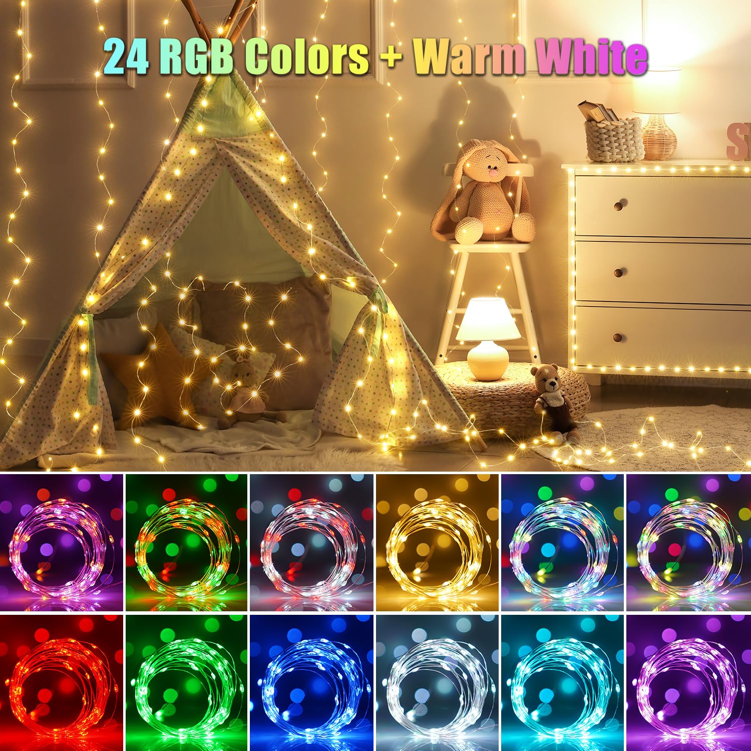 OMIKA 50FT Fairy Lights, 150 LED Color Changing Twinkle Lights, IP44 Waterproof, Remote Control, 24 RGB + Warm White, Model DY-OA08-1