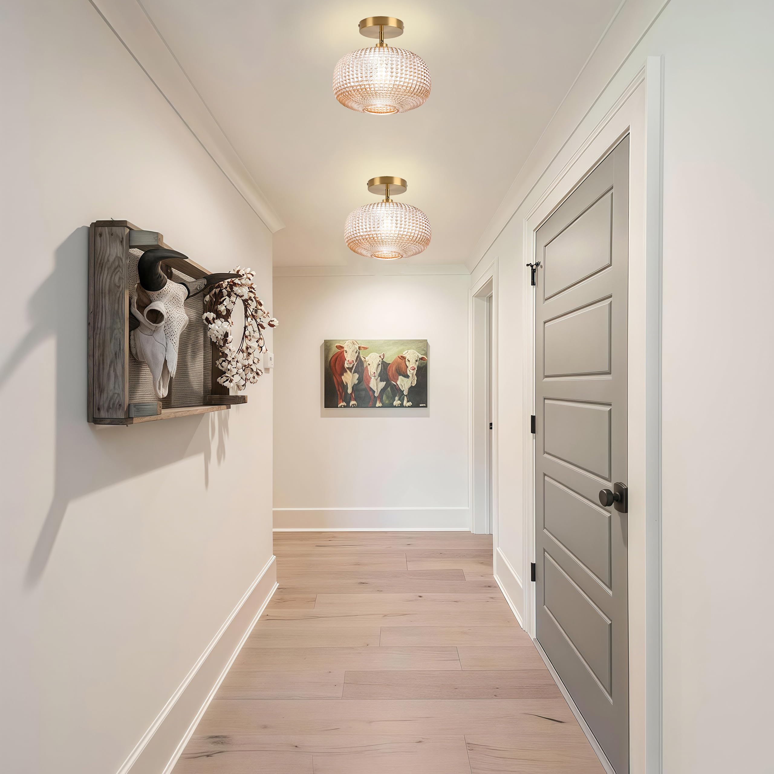 Jolydoly Semi Flush Mount Ceiling Light Vintage Small Ceiling Light Fixture Hallway Lighting Fixture With Amber Glass Shade Art Deco Kitchen Lighting Fixtures Ceiling For Bedroom Bathroom Porch