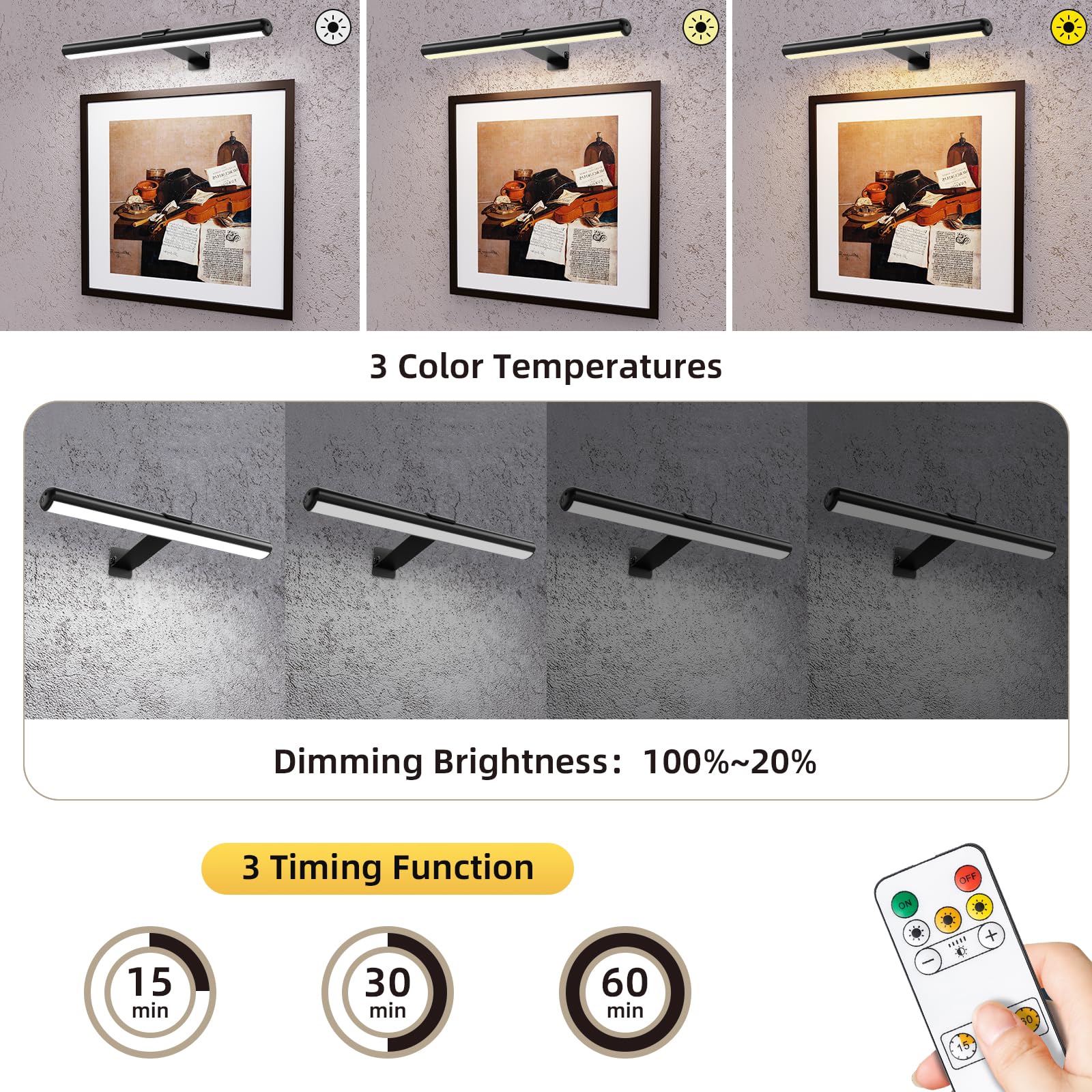 Swatia Picture Light, 3Cct Dimmable, Rechargeable Painting Light With Remote Operation, 16 Inch Battery Powered Wall Light, 300