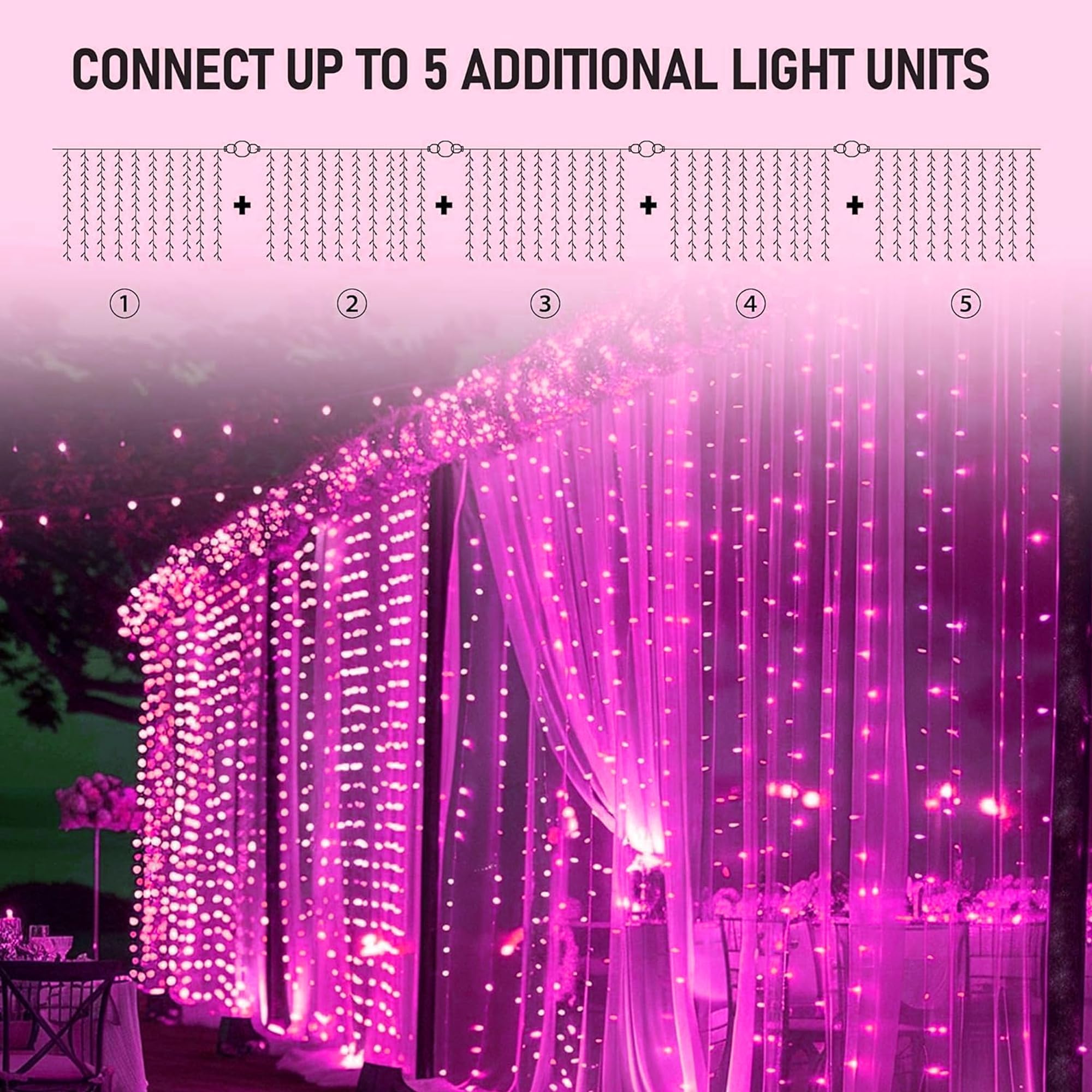 Dazzle Bright 300 LED Pink Curtain String Lights, Waterproof Fairy Lights with 8 Modes for Bedroom, Party, Wedding Decor, Model CL-300CC