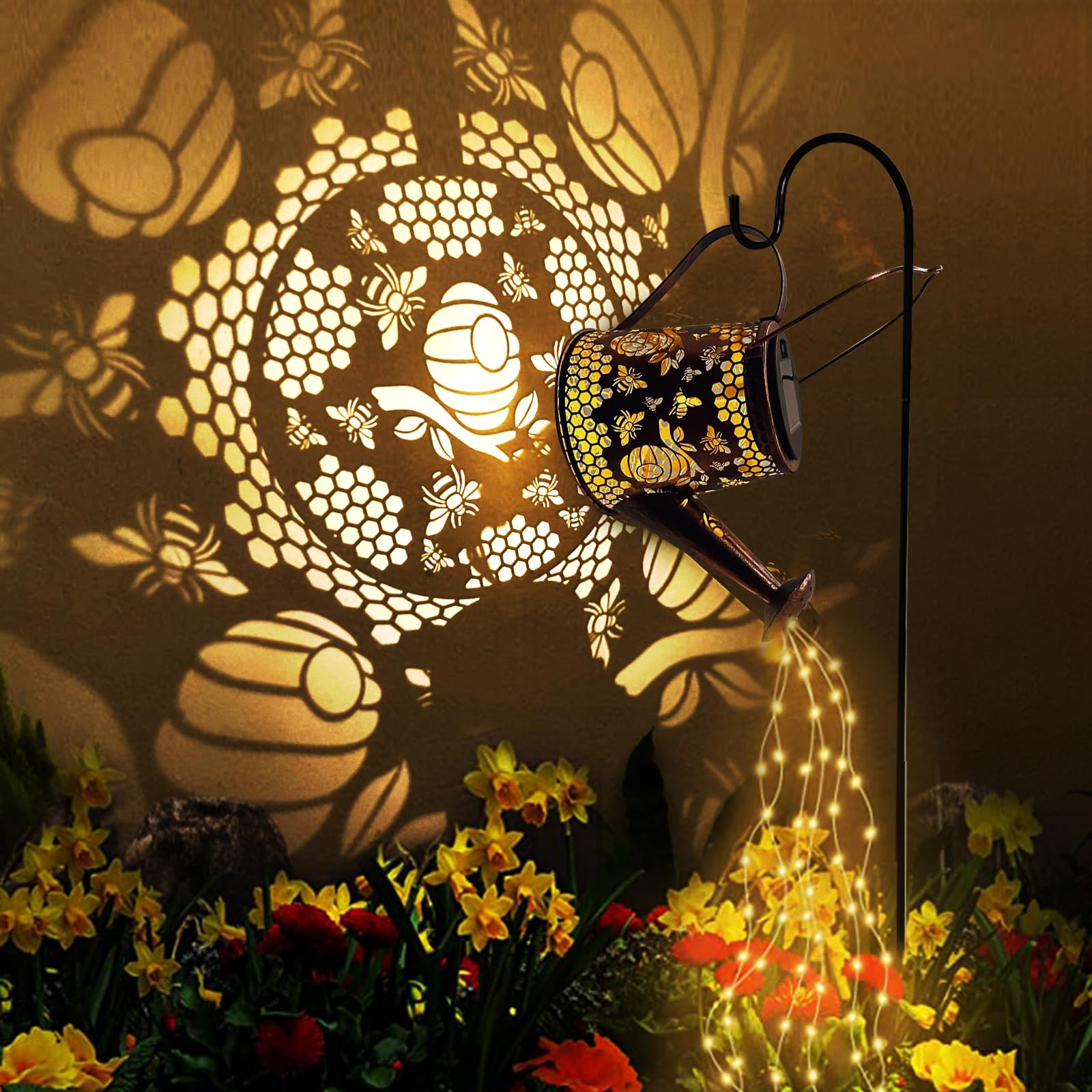 DIBIEECN Solar Watering Can Light, Bee Hanging Lantern, Waterproof, 32in Shepherd Hook, Metal, Garden Decor for Yard and Patio