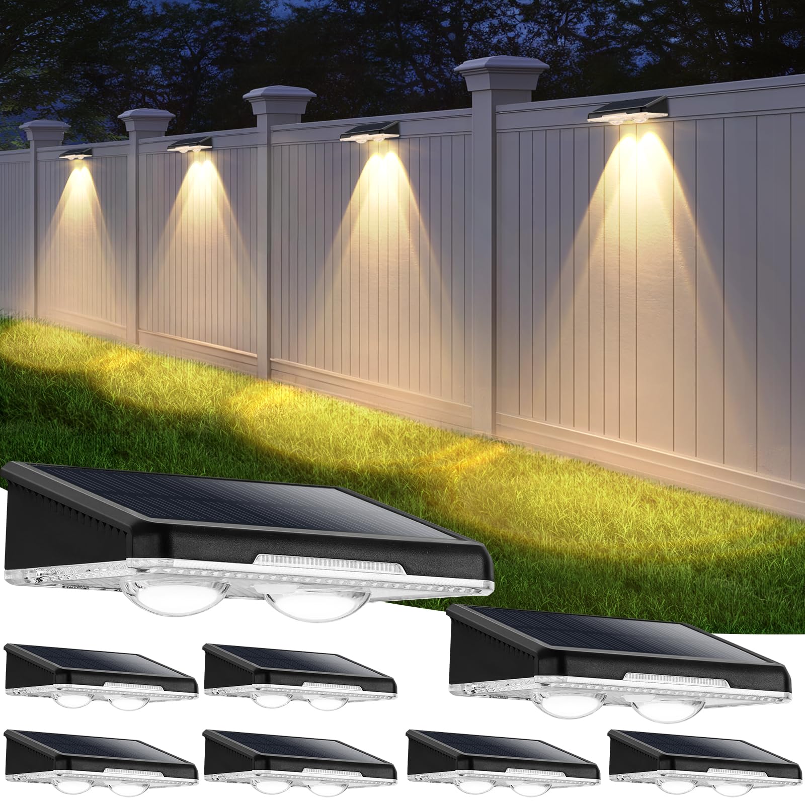 Solar Fence Lights Outdoor 8-Pack  Waterproof Fence Light Solar Powered with 3 Modes (3000K/4500K/6500K) for Outside  Patio  Deck  Stair  Step  Garden  Backyard  Walkway  Pathway  Railing