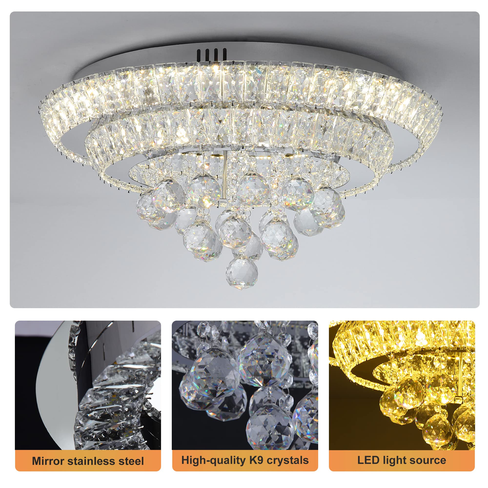 Miuyhji Elegant Led Crystal Raindrop Ceiling Light,20'' Flush Mount Chandelier Light Fixture With Remote Control For Living Room