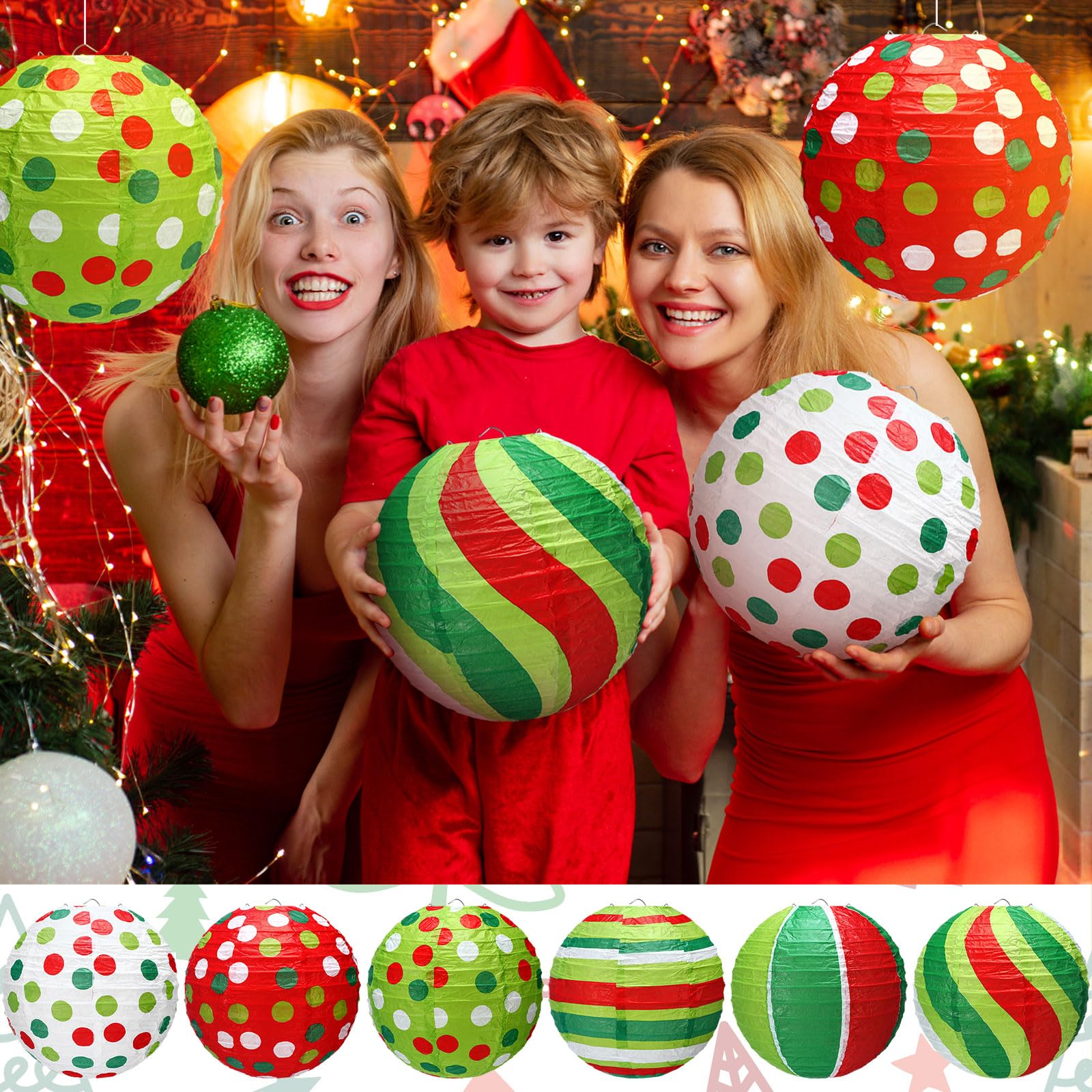 Rossesay 12 Pcs Red And Green Paper Lantern 8 Inch Christmas Hanging Lantern Indoor Outdoor Decorative Round Hanging Decor Ornam
