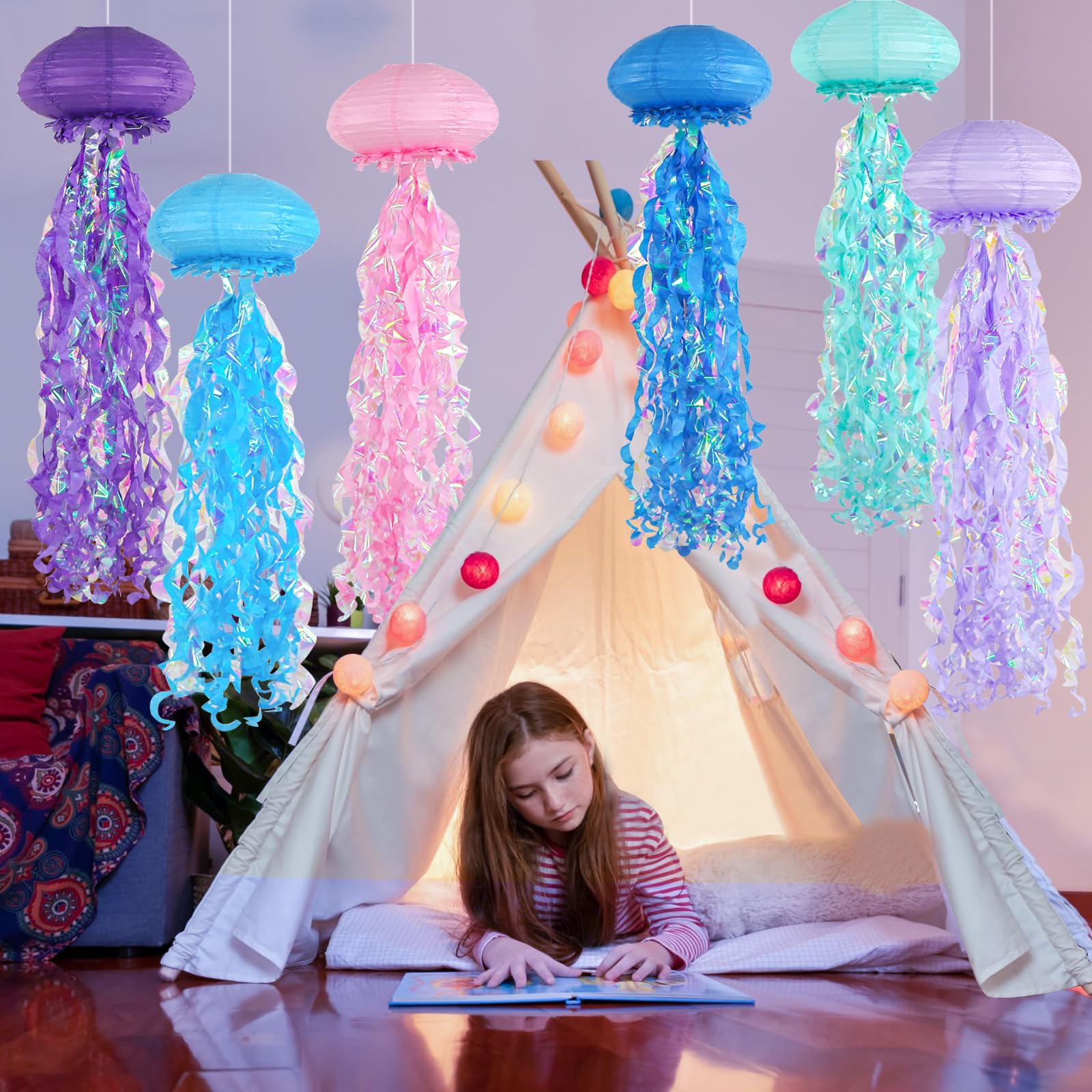 ADLKGG Jellyfish Paper Lanterns, 6PCS Under The Sea Party Decorations, Multi Color