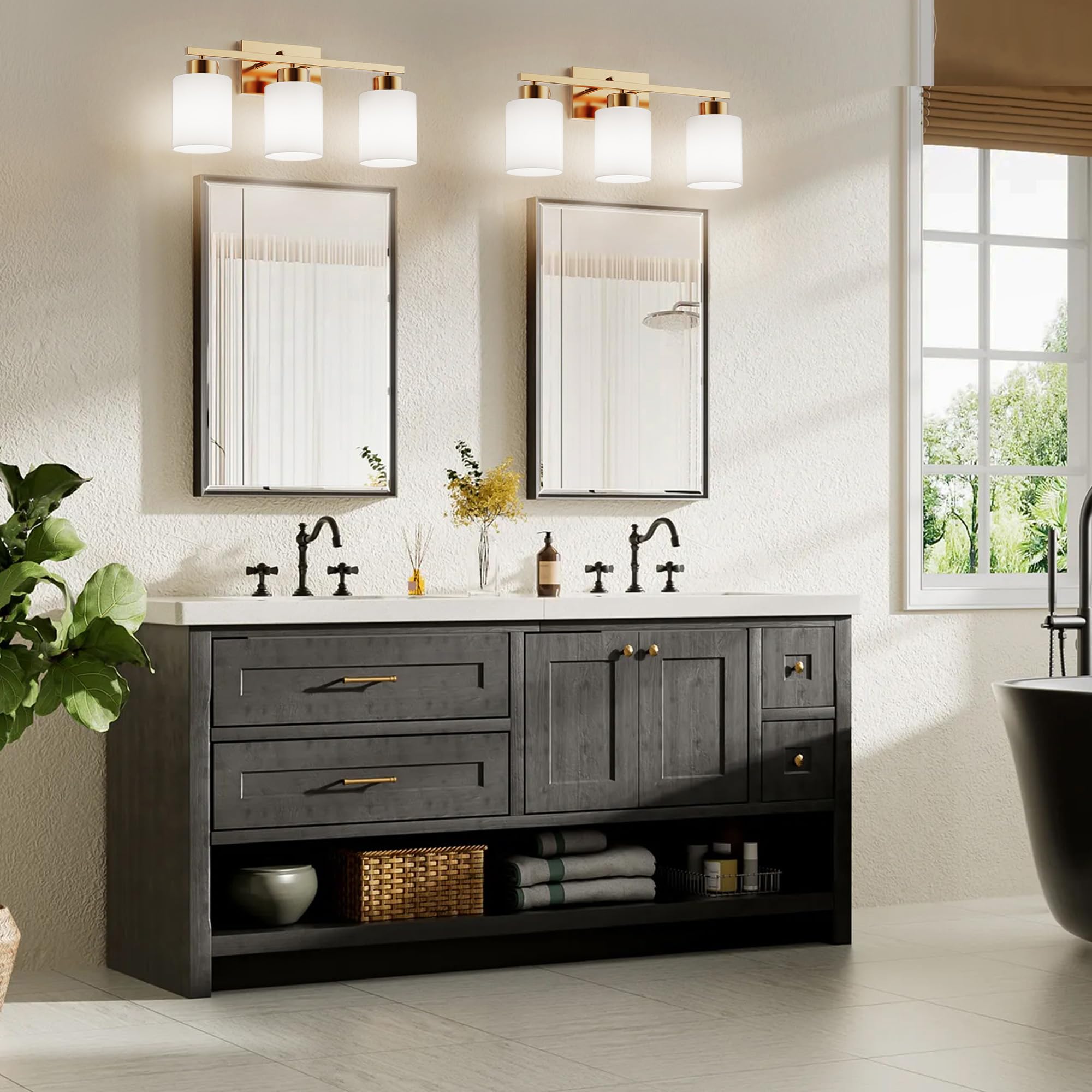 Partphoner 3-Light Brushed Gold Bathroom Light Fixtures  Modern Vanity Light Over Mirror Lighting  Wall Sconce With Frosted Milky White Glass Shades For Bedroom Living Room Kitchen Hallway