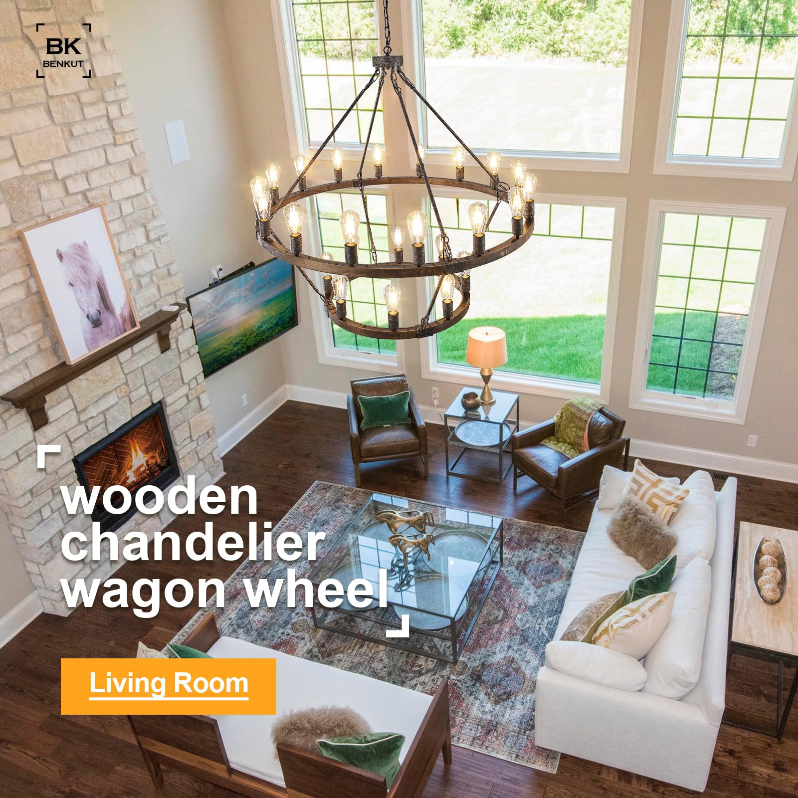 Benkut 2 Tier Wooden Wagon Wheel Chandelier, 43" Rustic Farmhouse Pendant Light, 24-Light, Walnut Finish