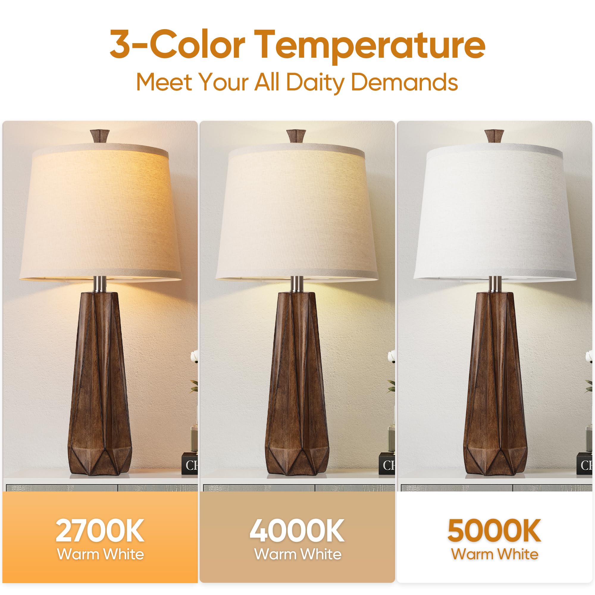 Wihtu 3 Color Temperature Table Lamps Set Of 2, Beside Lamp With Linen Shade, 27'' Wood Grain Color Modern Table Lamp For Living