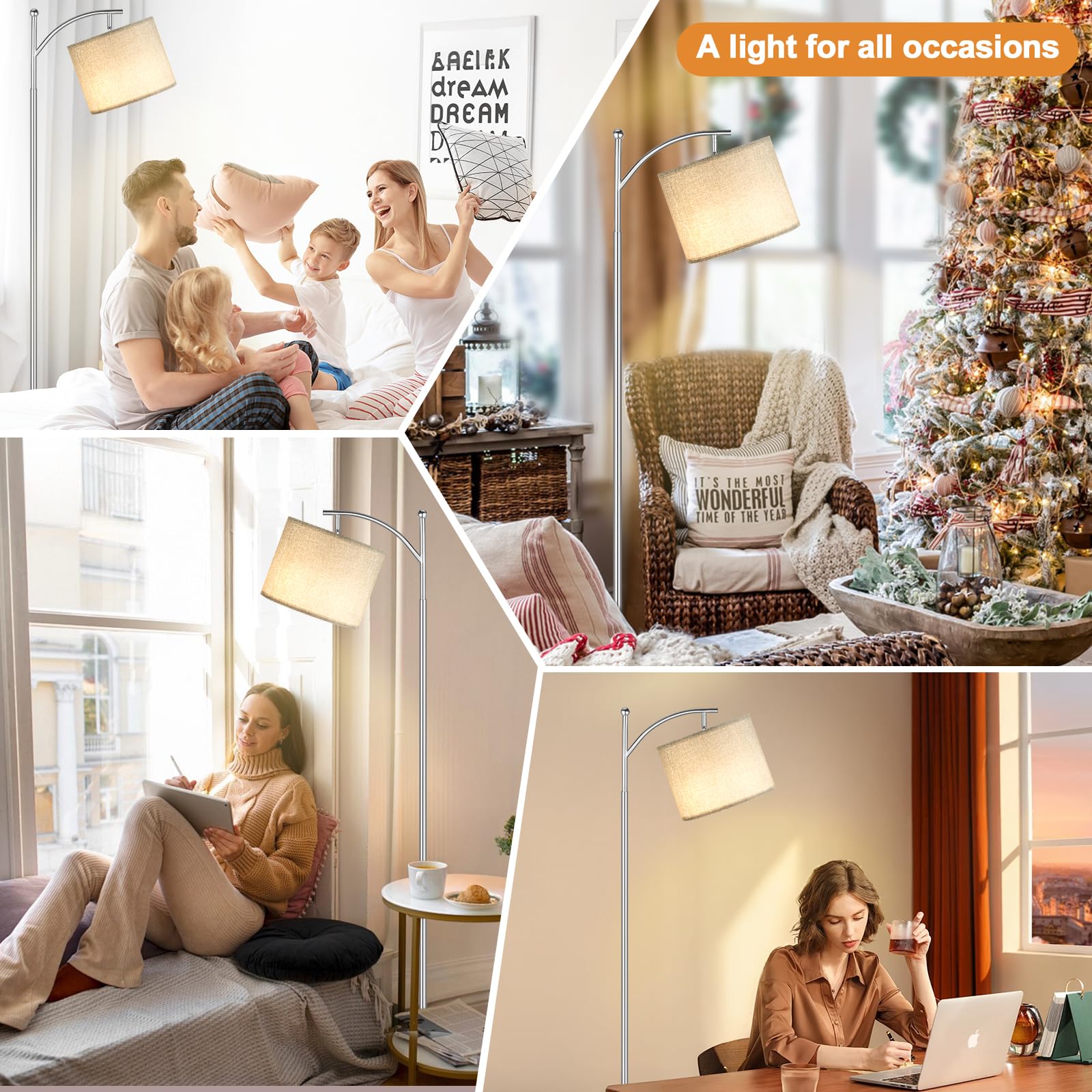 60'' Floor Lamps With Remote Control & Bulb, Colors Temperature & Brightness Adjustable, Deep Beige Shade & Black Pole