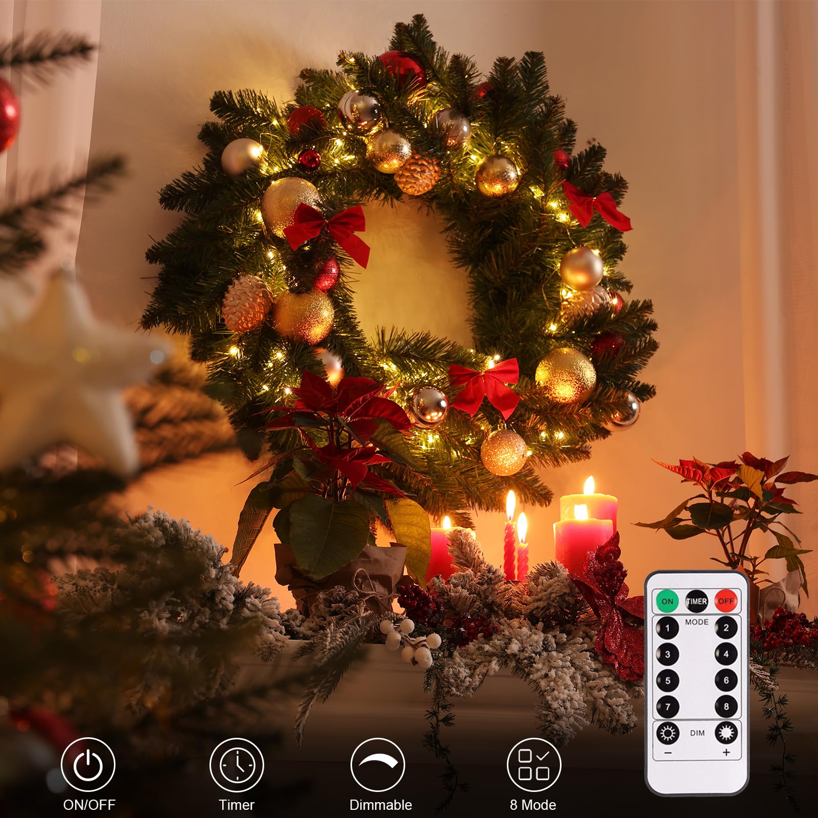 2 Pack Christmas String Lights Battery Operated, 33Ft 100 Led Fairy Lights Waterproof Green Wire Wreath Lights Tree Lights With Remote 8 Modes Timer For Bderoom Wedding Decoration (Warm White)