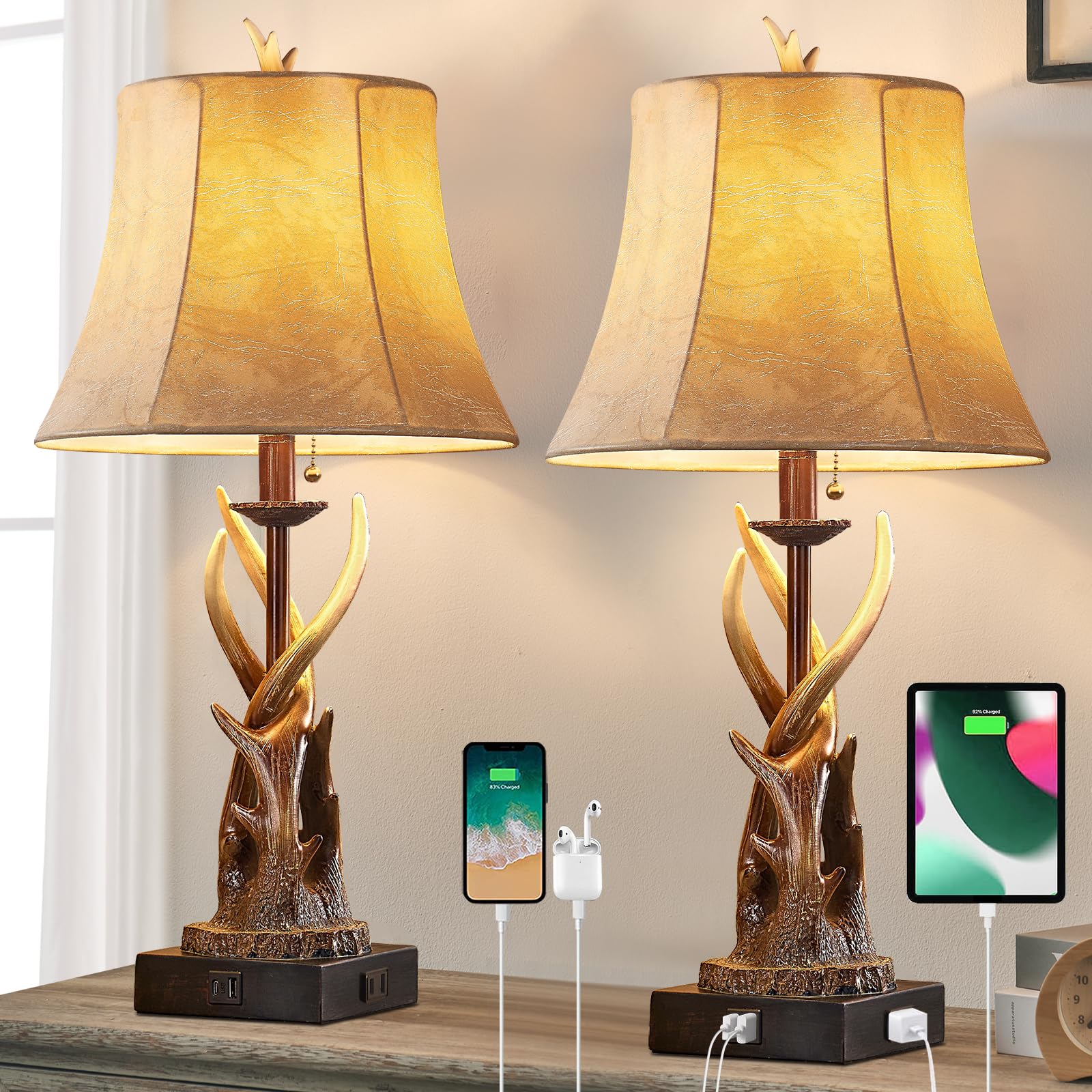 BOWOBO Antler Table Lamps Set of 2 with USB A+C Ports for Bedroom Farmhouse Deer Rustic Bedside Lamps with Faux Leather Bell Sha