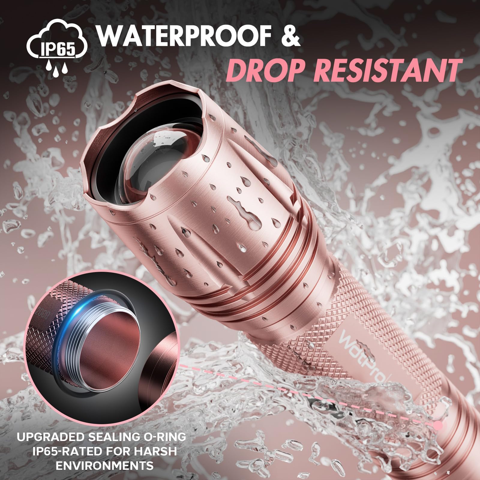 WdtPro LED Flashlight SR2000 Pro, 2 Pack, 5 Modes, Zoomable, Aluminum, Pink