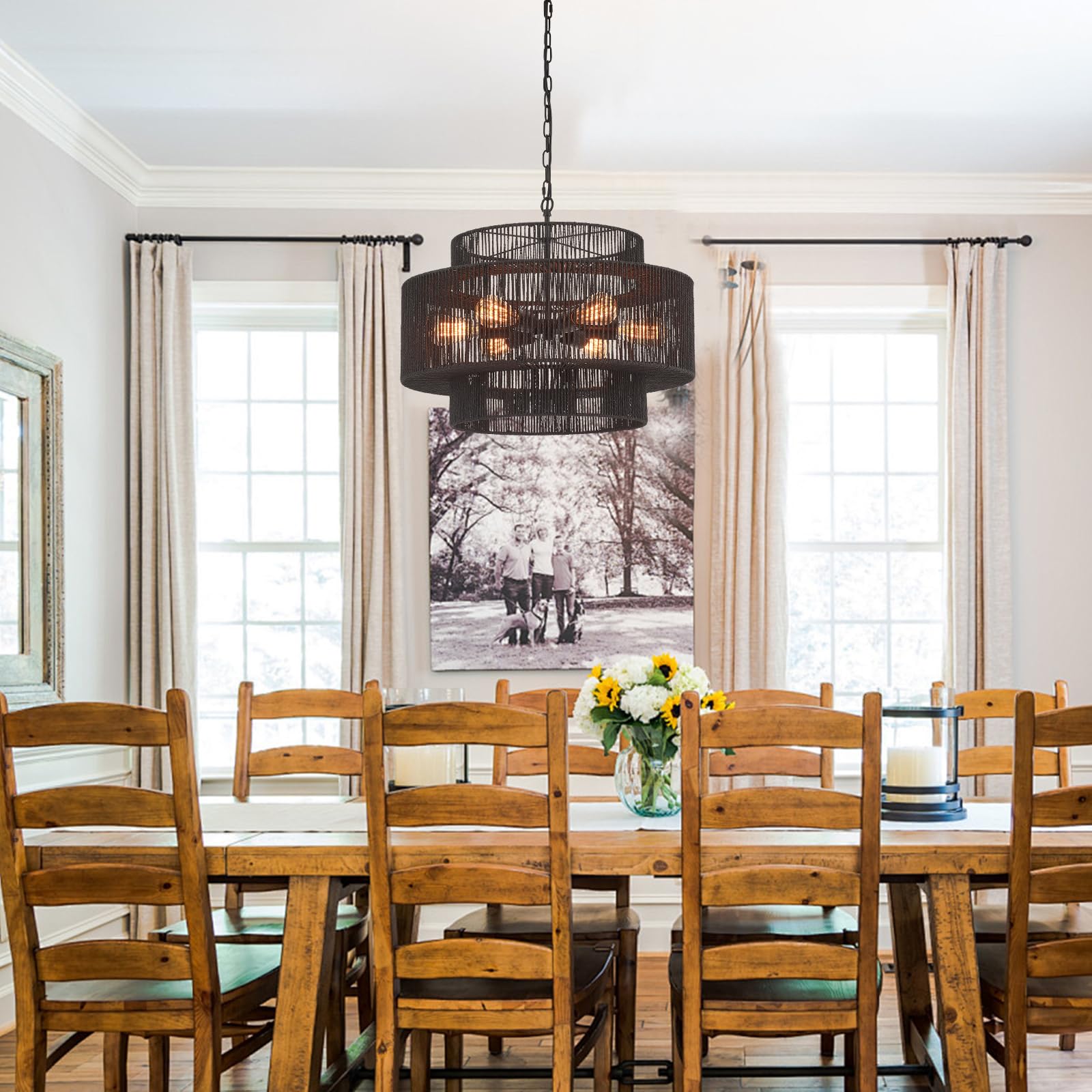 Widluth Hand-Woven Rattan Chandelier Vintage 6-Light Farmhouse Boho Bamboo Chandelier Light Fixture 23.6" Retro 3-Tier Drum Wicker Rattan Black Chandelier For Dining Room, Kitchen Island, Bedroom