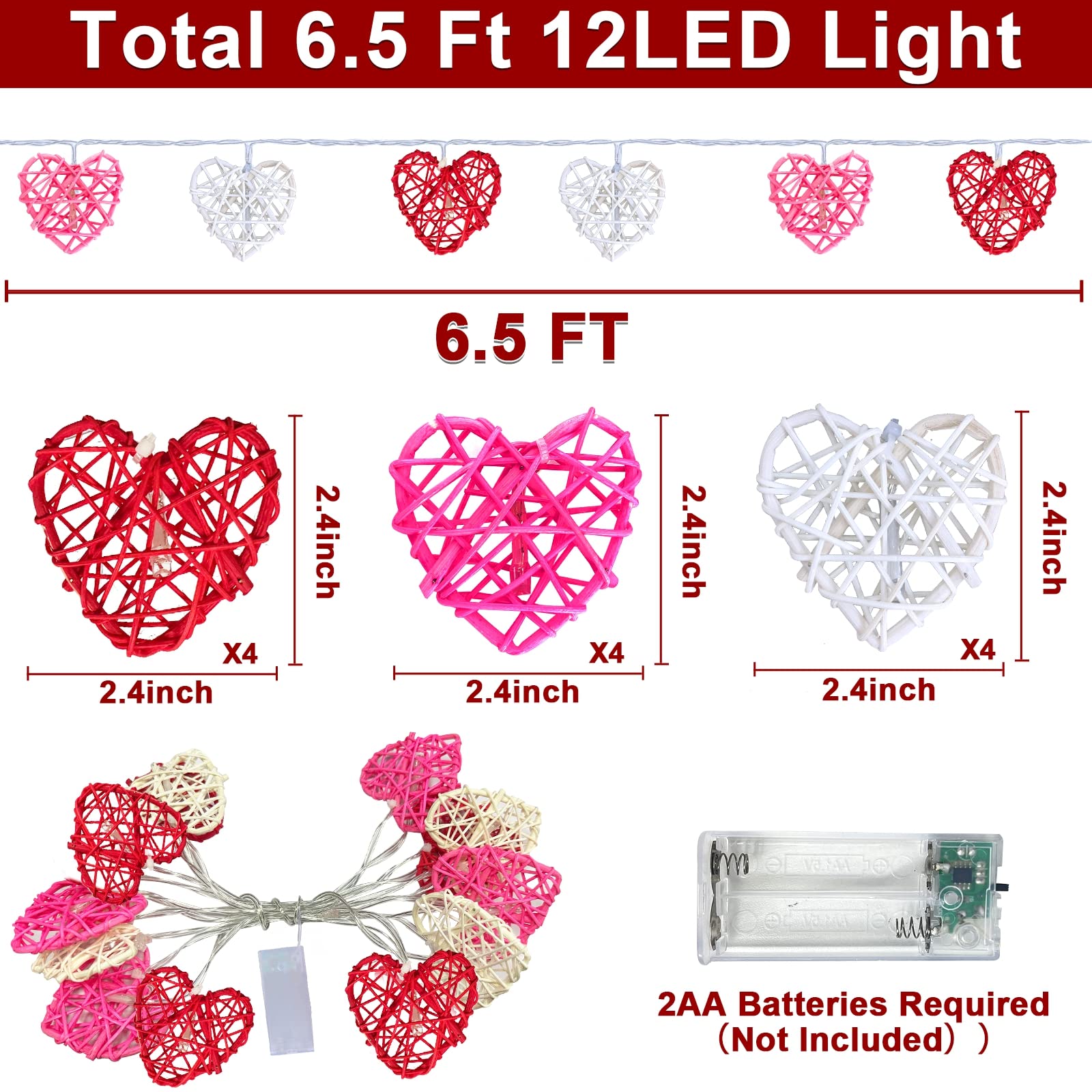 [Timer&Tricolor] Valentines Lights Valentines Day Decorations, Red Pink White Heart Lights, Battery Operated 12Led 6.5Ft 3D Hollowed Rattan Heart Garland String Lights For Indoor Bedroom Home Party