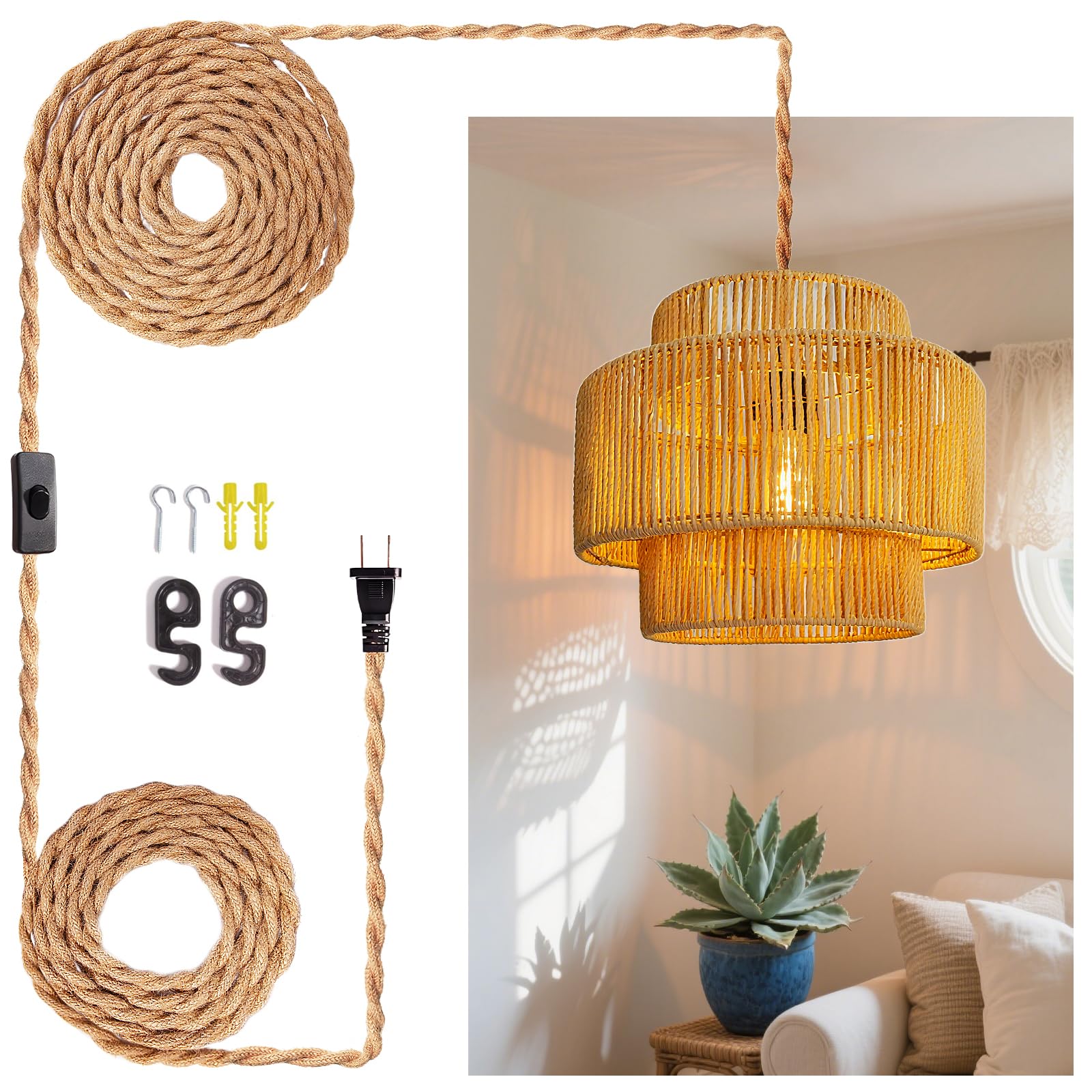 LUCORUSC Hanging Light Ceiling Lamp Pendant Lights Rattan Hanging Lamp with Plug in Cord for Living Room Bedroom Kitchen Indoor Hanging Lamp Plug in Woven Lampshade