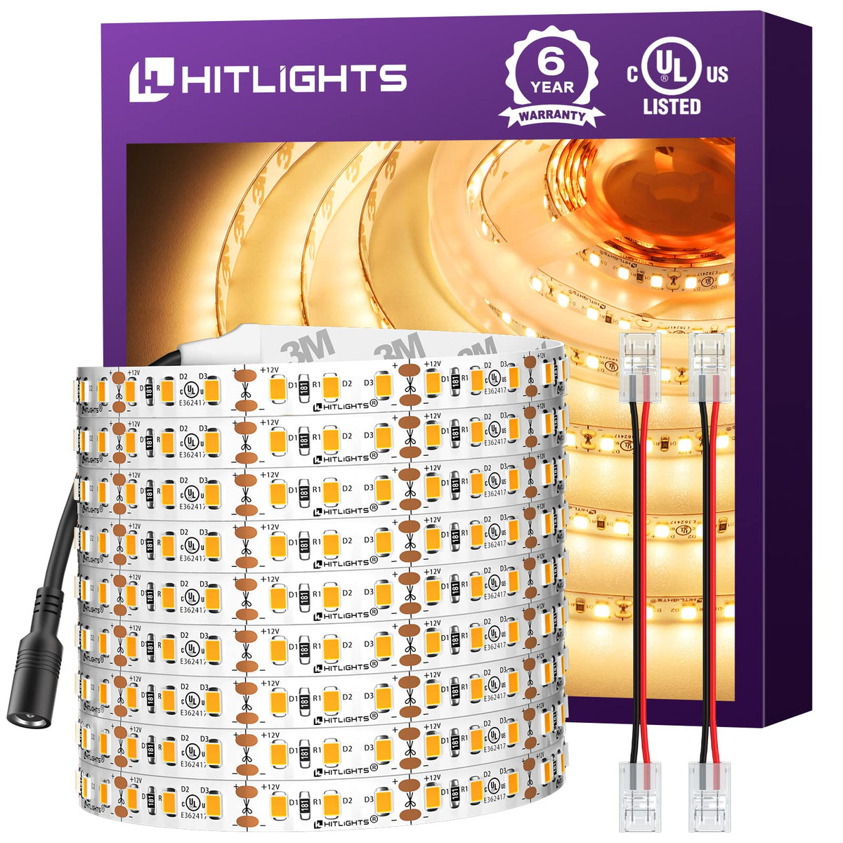 Hitlights Led Strip Lights Warm White 3000K, 24.6Ft Premium High Density Tape Light For Bedroom, 900 Leds/Reel, 67W, Ul-Listed,