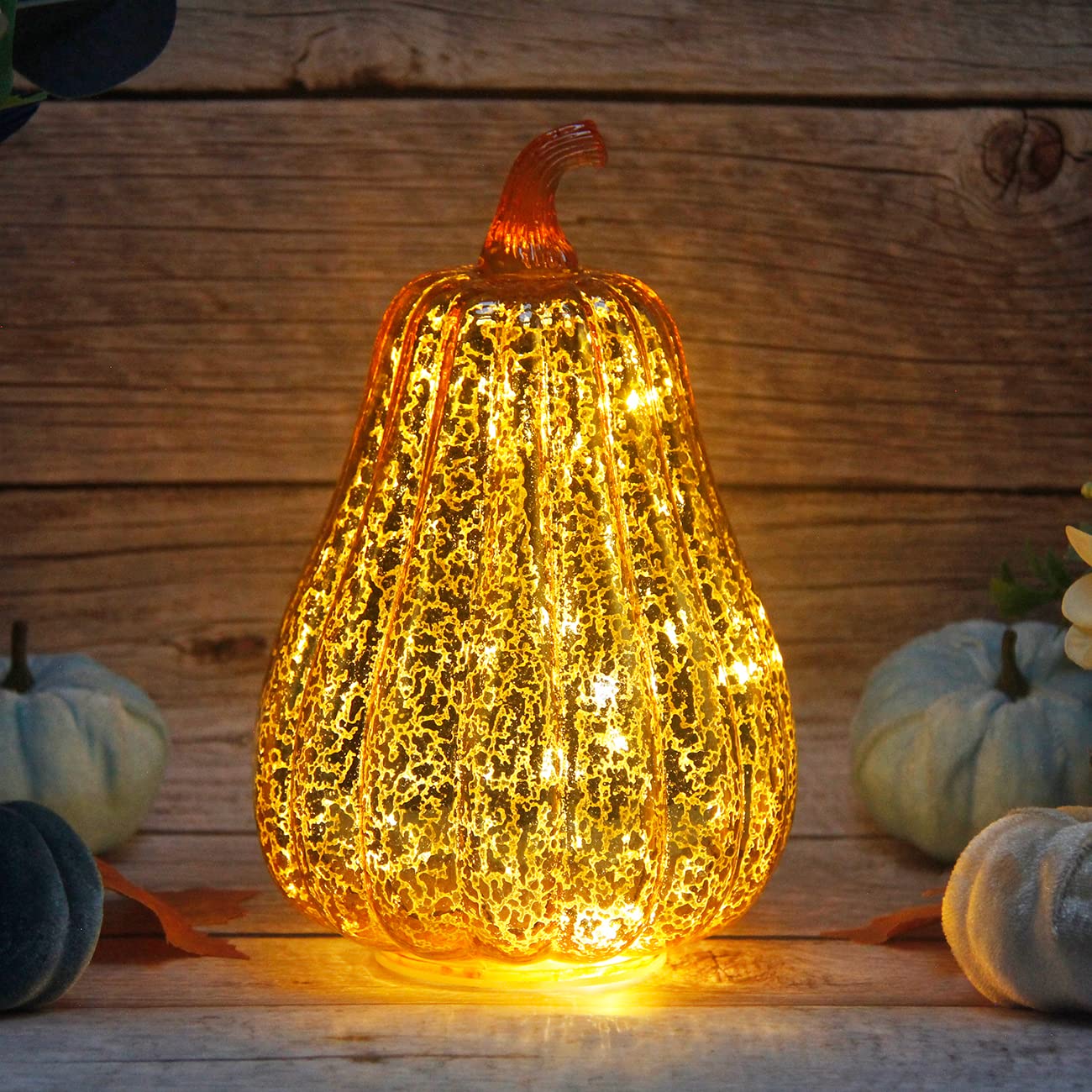 CFDECOR Mercury Glass Pumpkin Light with Timer, with 10 Fairy Lights Inside, Battery Operated Led Pumpkin Lamp, Ideal for Hallow