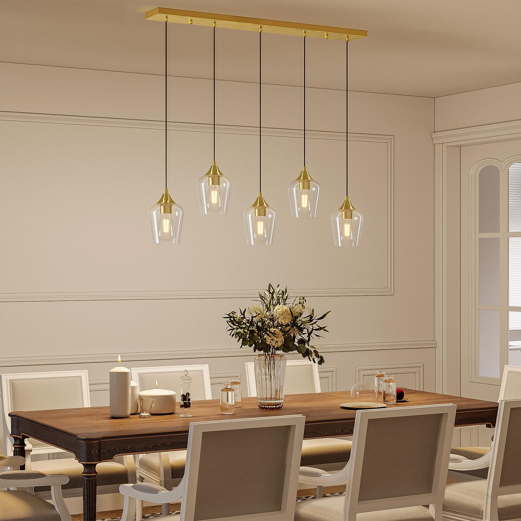 VONLUCE 5-Light Pendant Light Fixture, Modern Metal Pendant with Wine Glass Shades, Brushed Gold, Adjustable Height 10"-55"