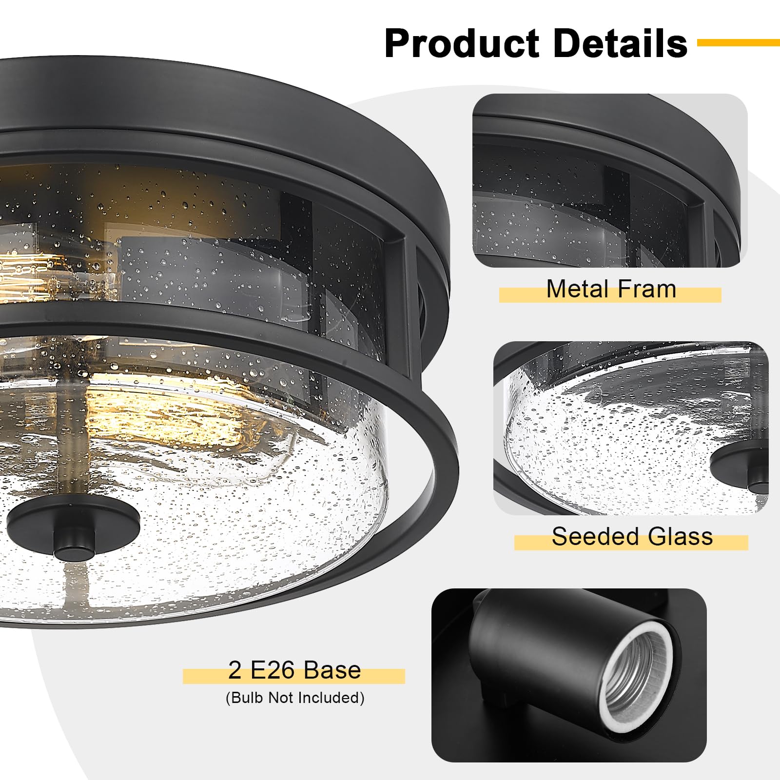 Luminzone 2-Light Flush Mount Ceiling Light, Farmhouse Industrial Black Finish With Seeded Glass Ceiling Lamp, Modern Ceiling Li