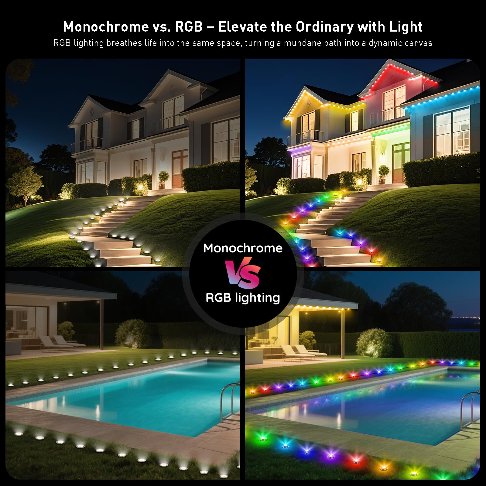 TQQVXX RGB Outdoor Ground Lights, 200FT Color Changing Pathway Lighting, Remote & App Control, Waterproof, Black