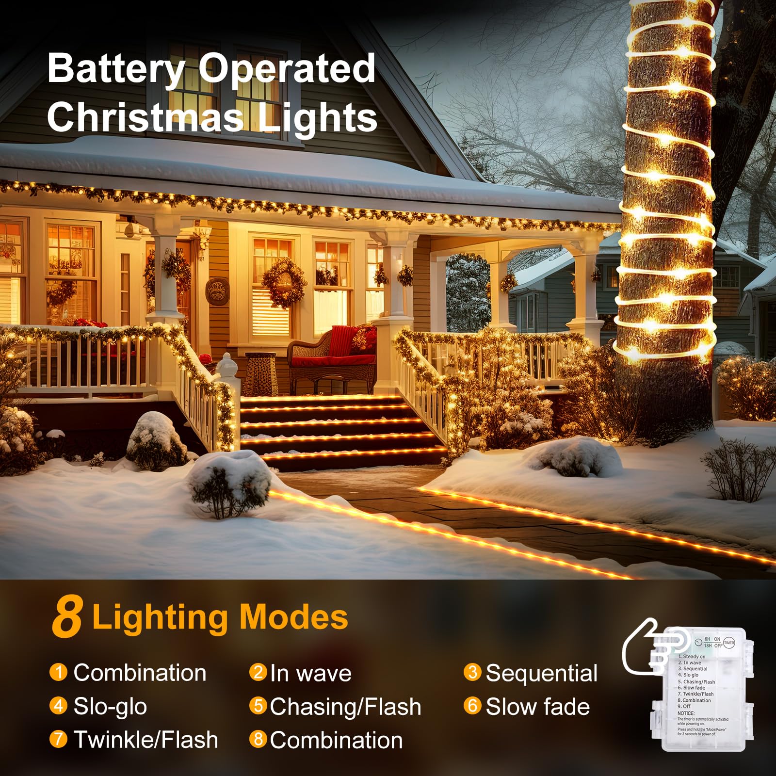 Minetom String Lights Battery Operated, 40Ft 100 Led Outdoor Rope Lights Battery Operated, Christmas String Lights With Timer, 8 Mode, Christmas Rope Lights For Outside Bedroom Indoor, Warm White