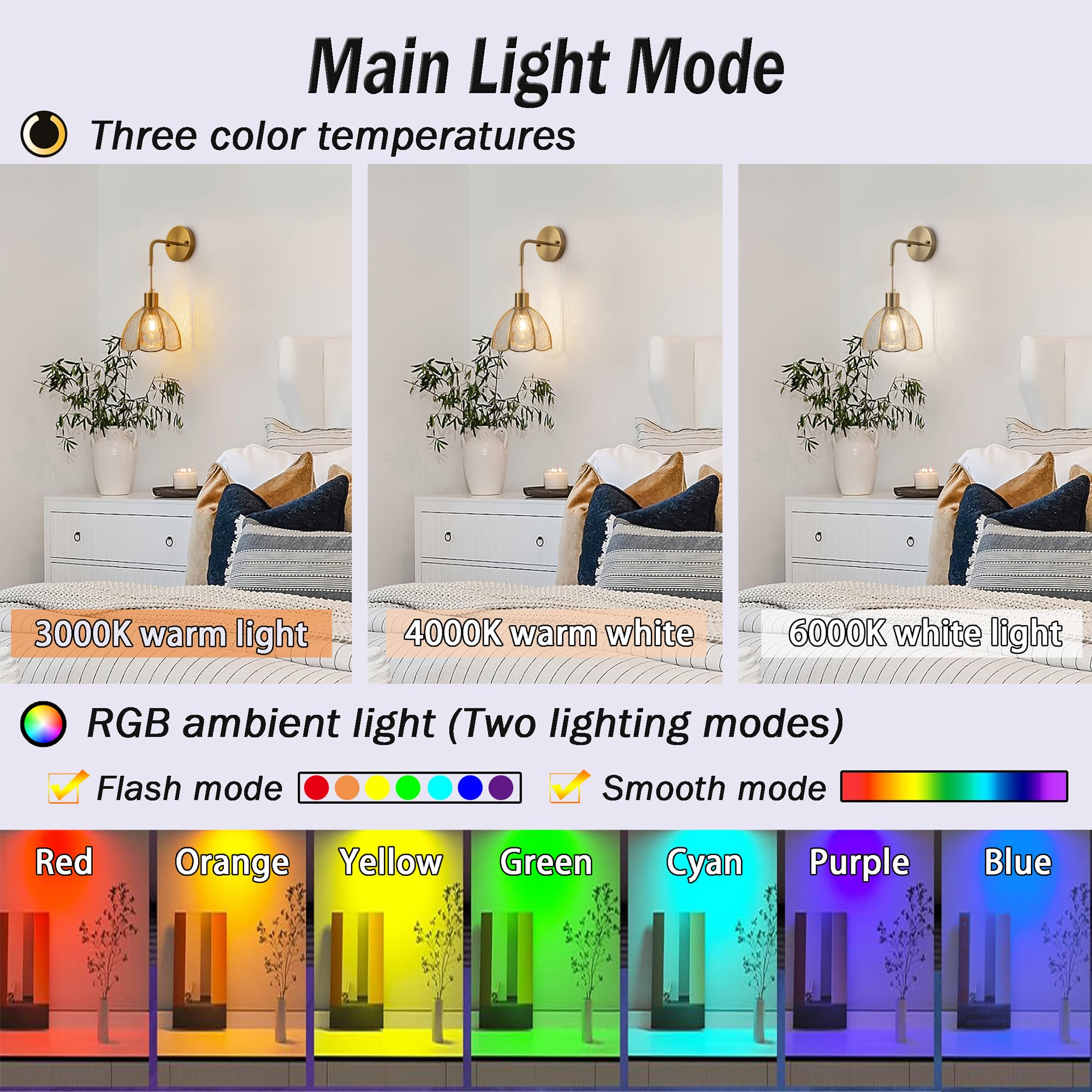 Vimhou Battery Operated Wall Sconces Set Of 2, Rgb Color Changing, Remote Control, Dimmable