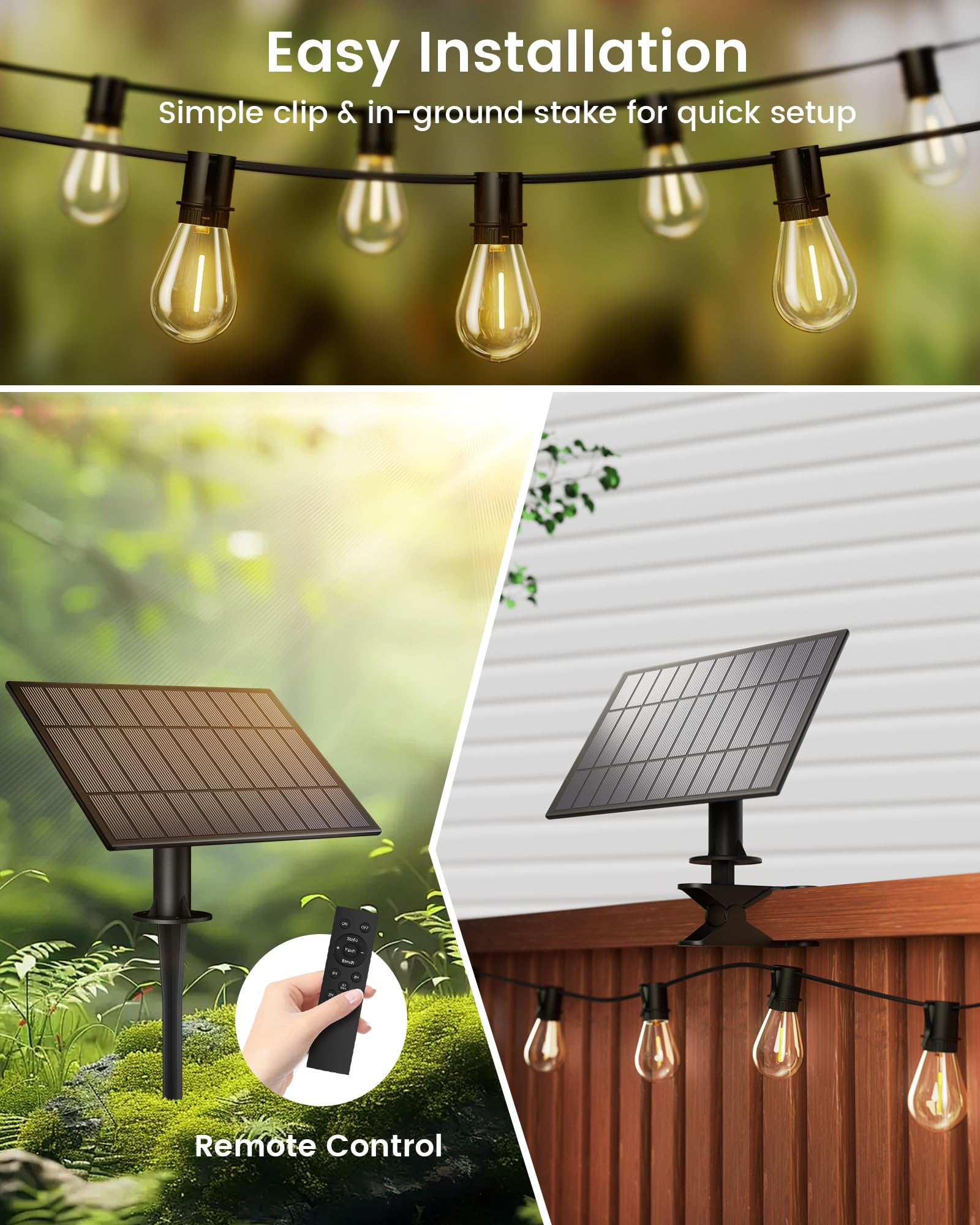 Torkase Solar Patio Lights 50FT with 15+1 Shatterproof LED Bulbs, USB Rechargeable, Waterproof, Warm White, Model YGM-S14-15S