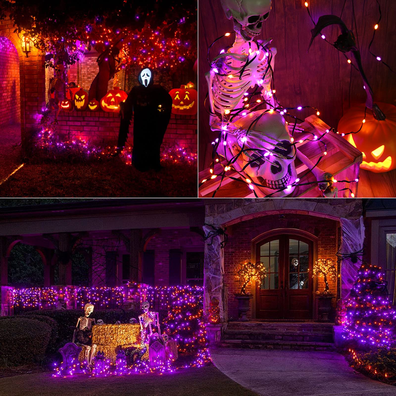 Brizled Orange & Purple Halloween String Lights - 72Ft 200 Led Outdoor Connectable  8 Modes  Indoor Tree Black Wire For Party Haunted House Decor