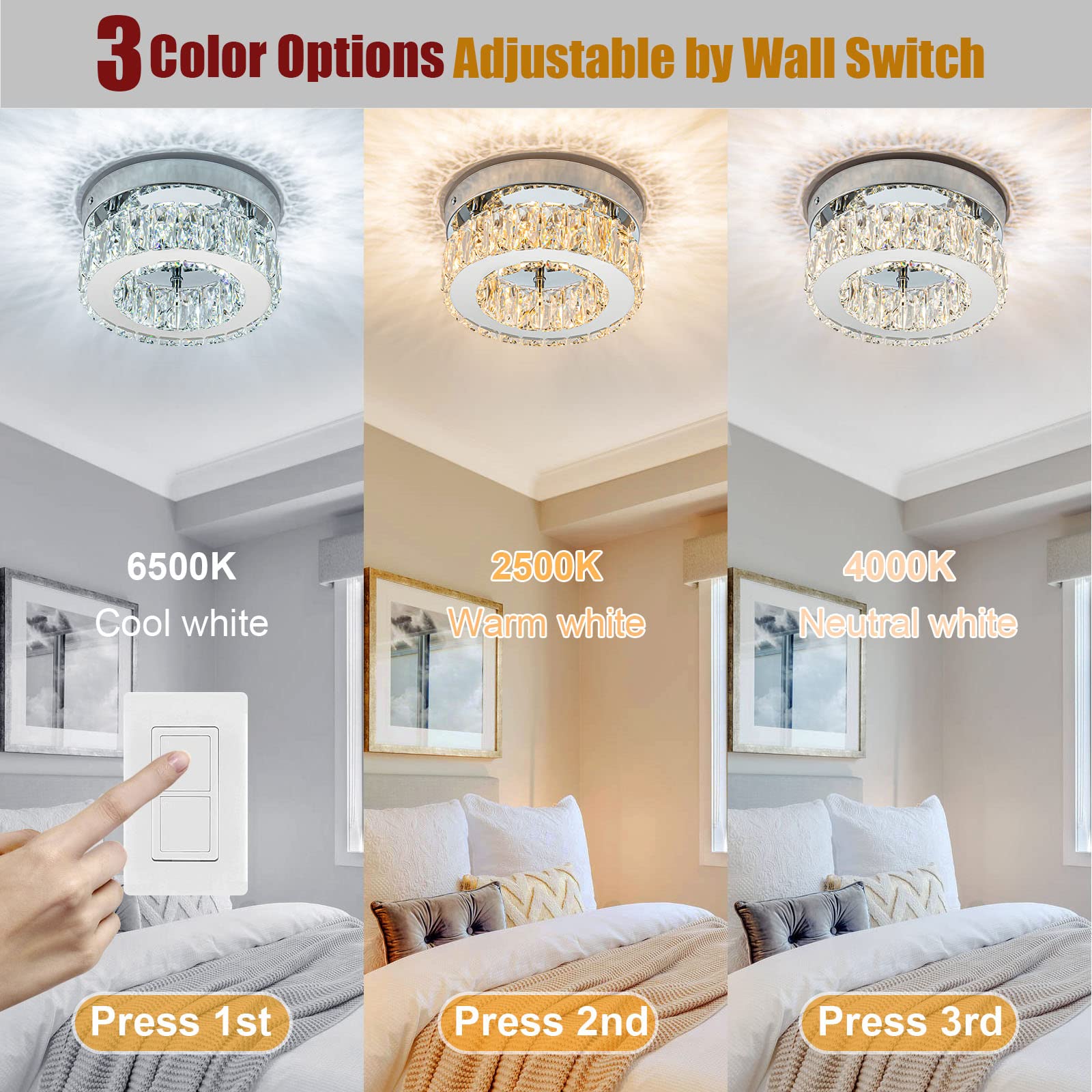 Homlaiting Mini Modern Crystal Chandeliers Led Flush Mount Light For Bedroom Kitchen Office