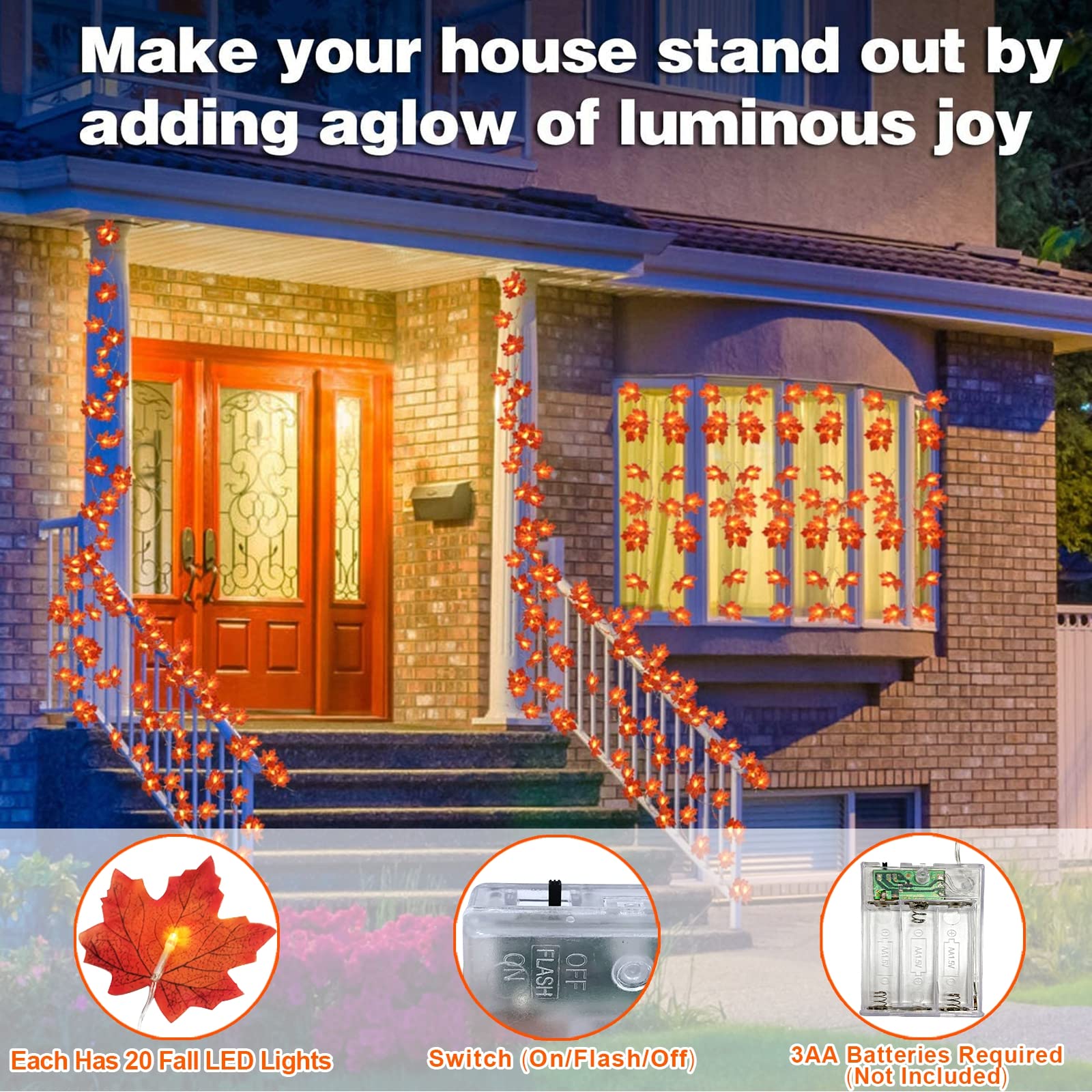 Turnmeon 6 Pack Thanksgiving Decorations Enlarged Maples Leafed Fall Decorations For Home Fall Lights Thick Leafs Garlands, Total 60Ft 120Led Battery Operated Waterproof Halloween Decor Indoor Outdoor